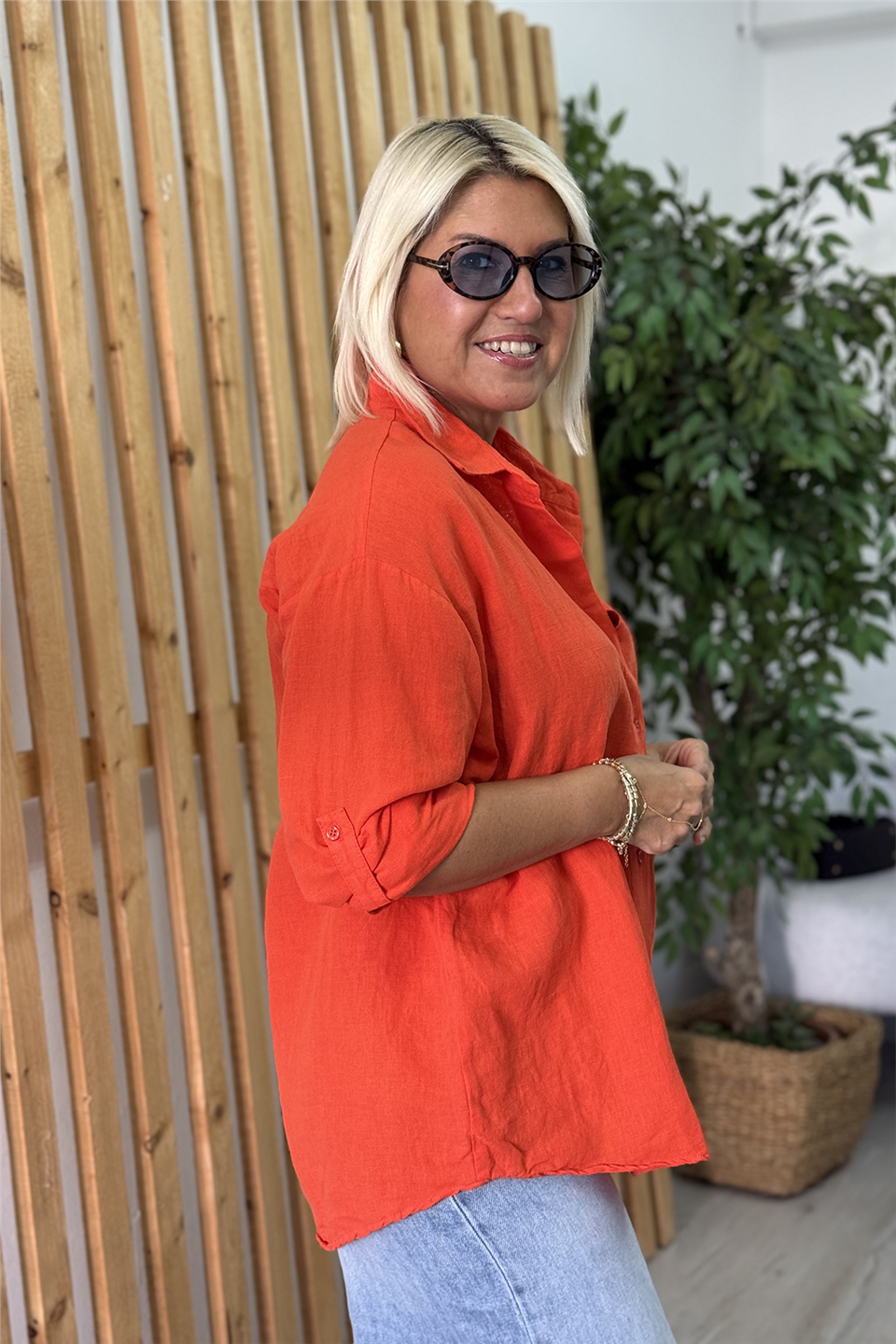 Orange Tek Cepli Düğmeli Pamuk Keten GömlekGM20260051-ORANGE-S
