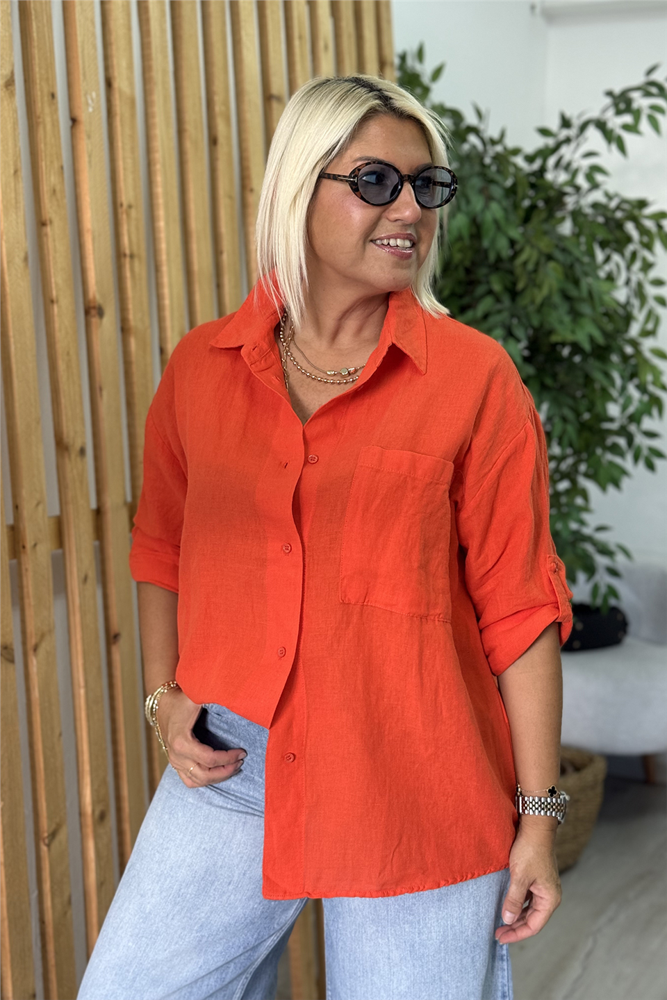 Orange Tek Cepli Düğmeli Pamuk Keten GömlekGM20260051-ORANGE-S