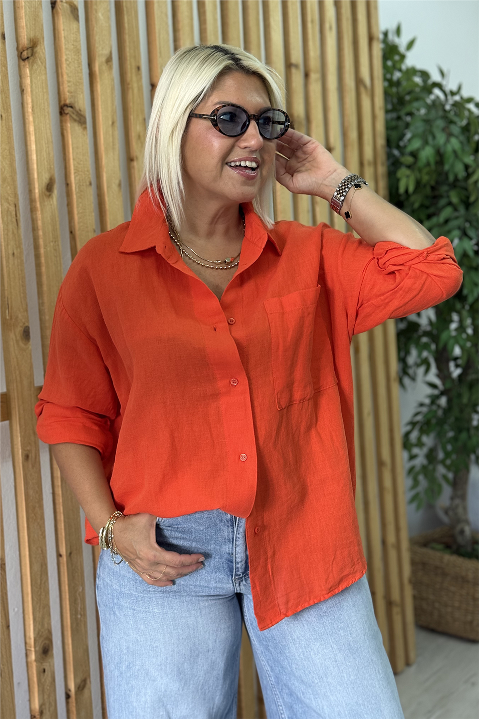 Orange Tek Cepli Düğmeli Pamuk Keten GömlekGM20260051-ORANGE-S