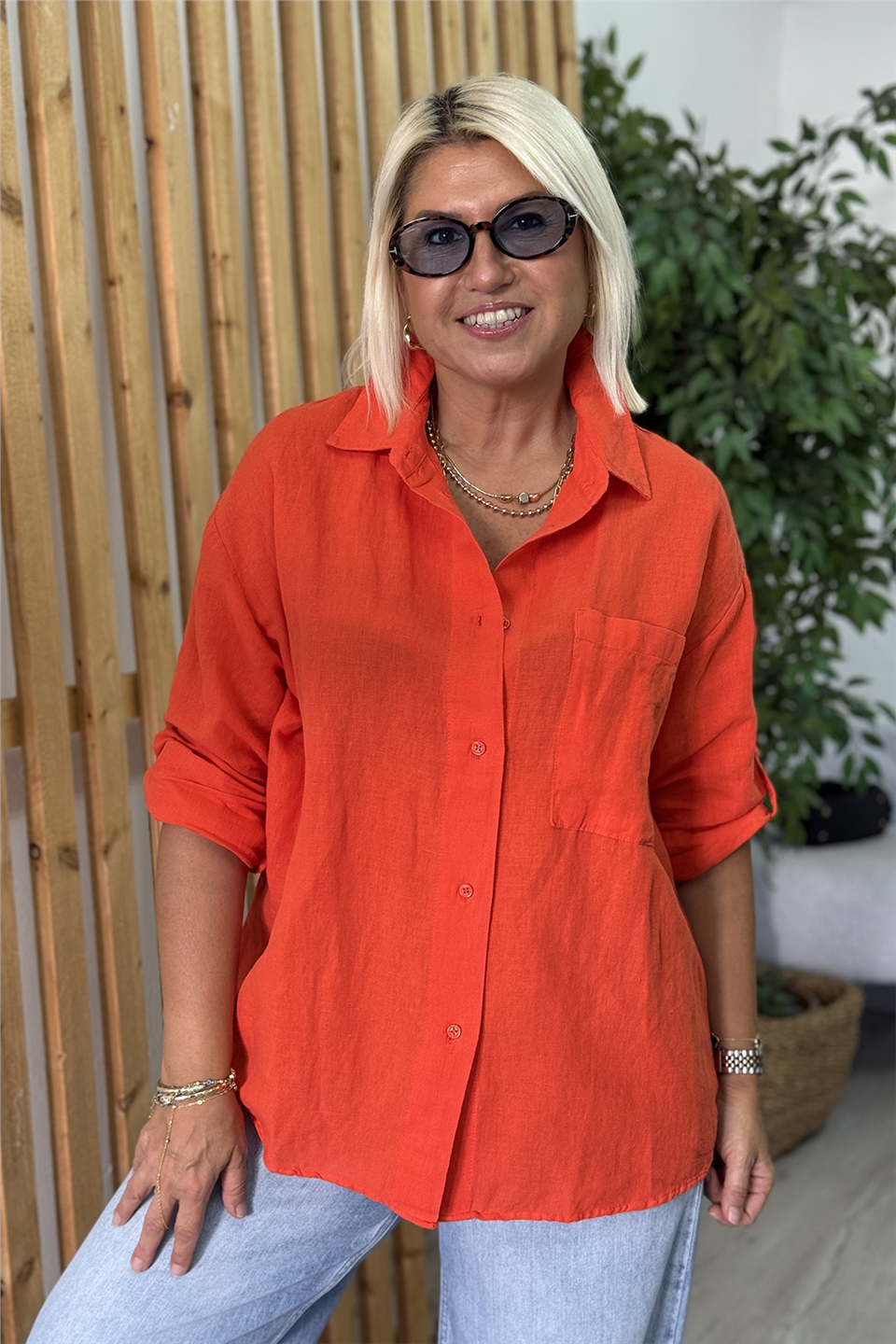 Orange Tek Cepli Düğmeli Pamuk Keten GömlekGM20260051-ORANGE-S