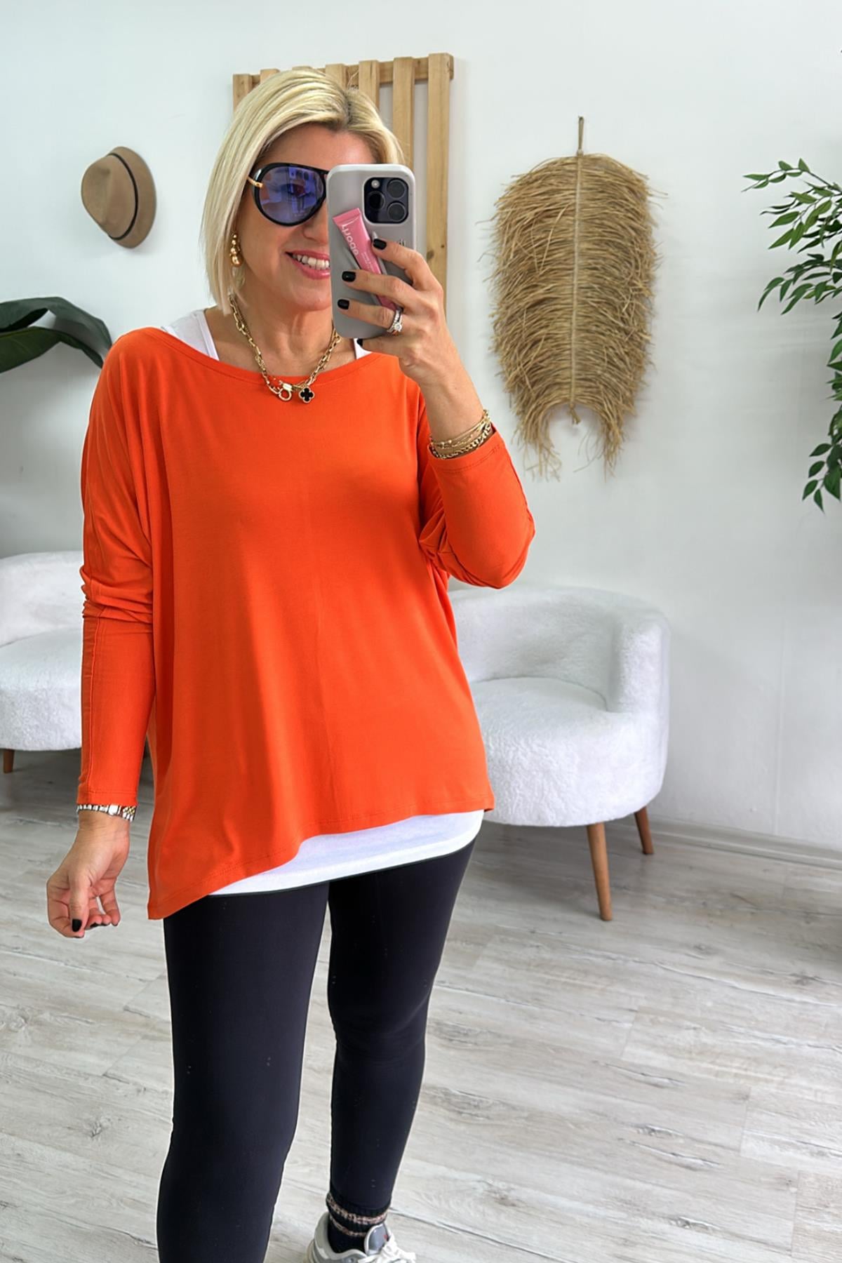 Orange Tshirt Detaylı İkili Penye BluzUBL2412228-ORANGE-S