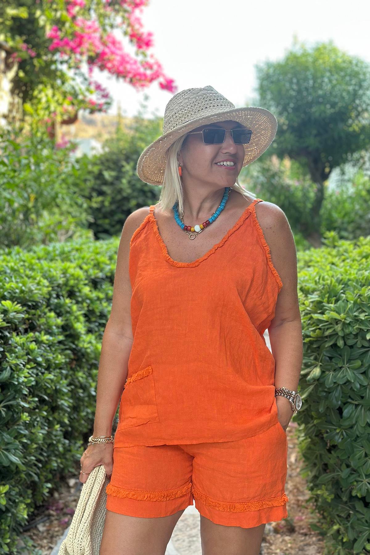 Orange V Yaka Ayarlanabilir Askı Detay Şortlu Keten TakımUTK2501164-ORANGE-STD