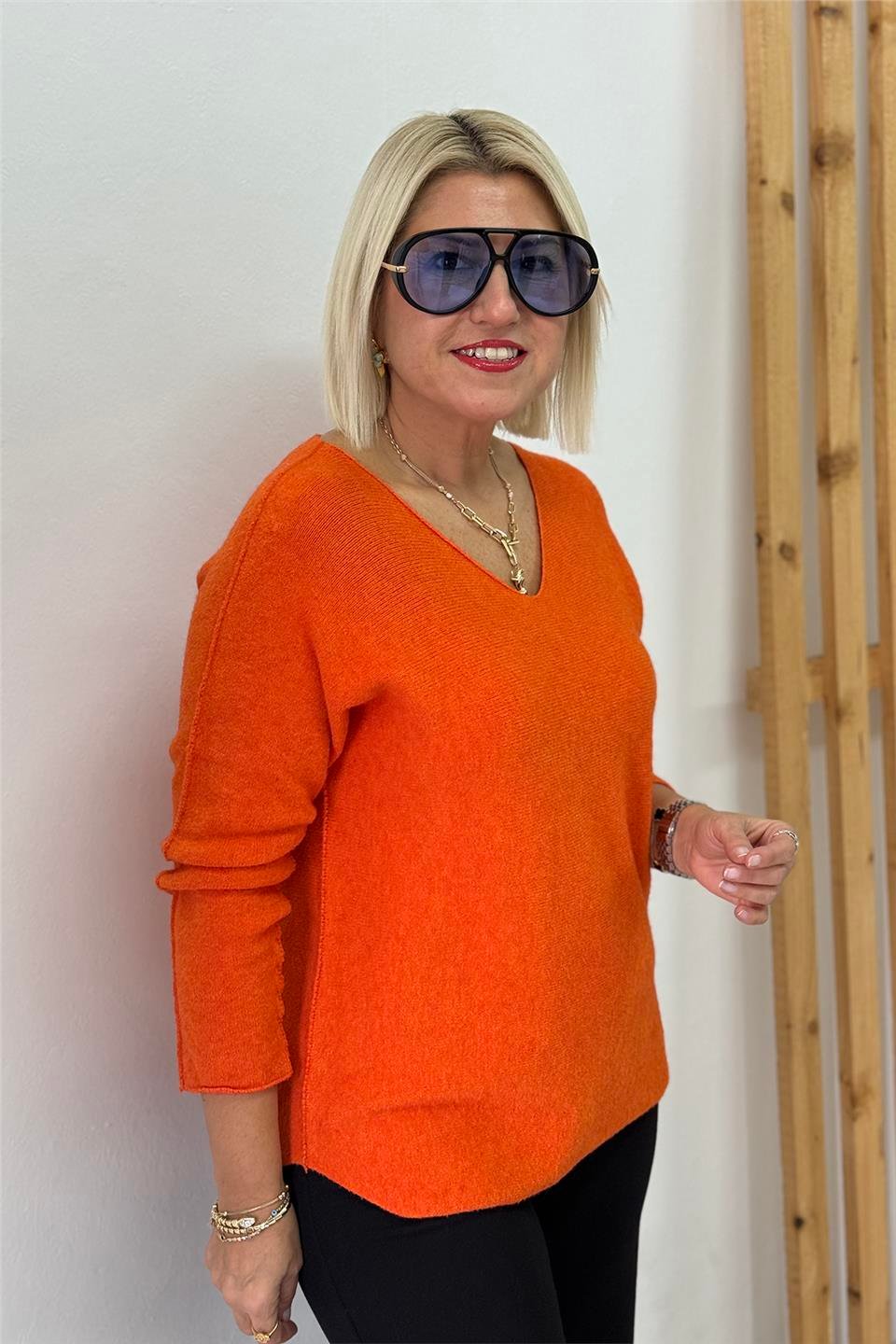 Orange V Yaka Düz Viscose KazakUT24111018-ORANGE-STD