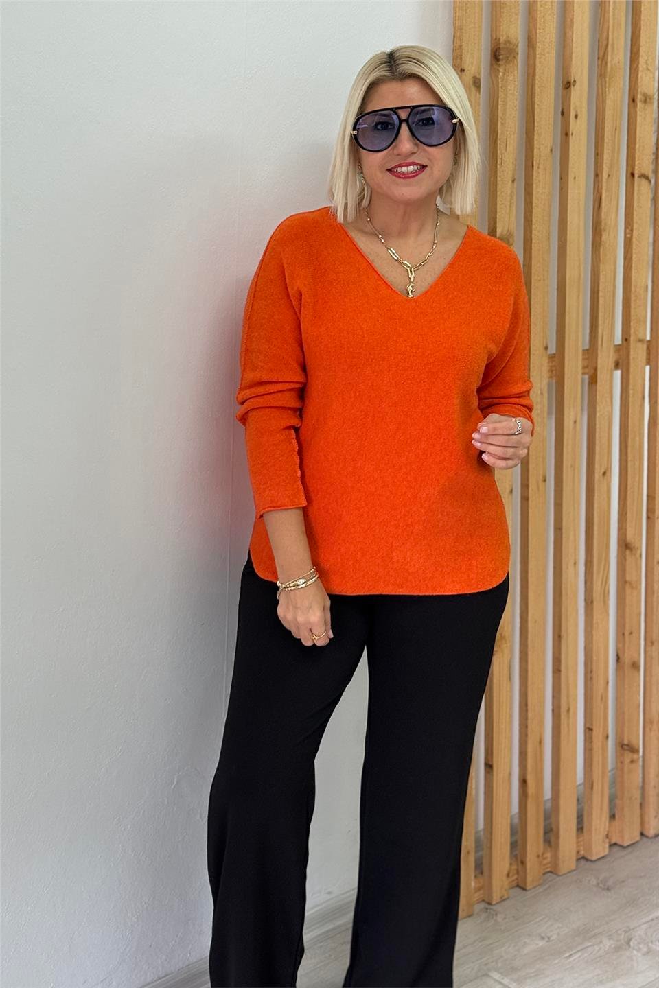Orange V Yaka Düz Viscose KazakUT24111018-ORANGE-STD