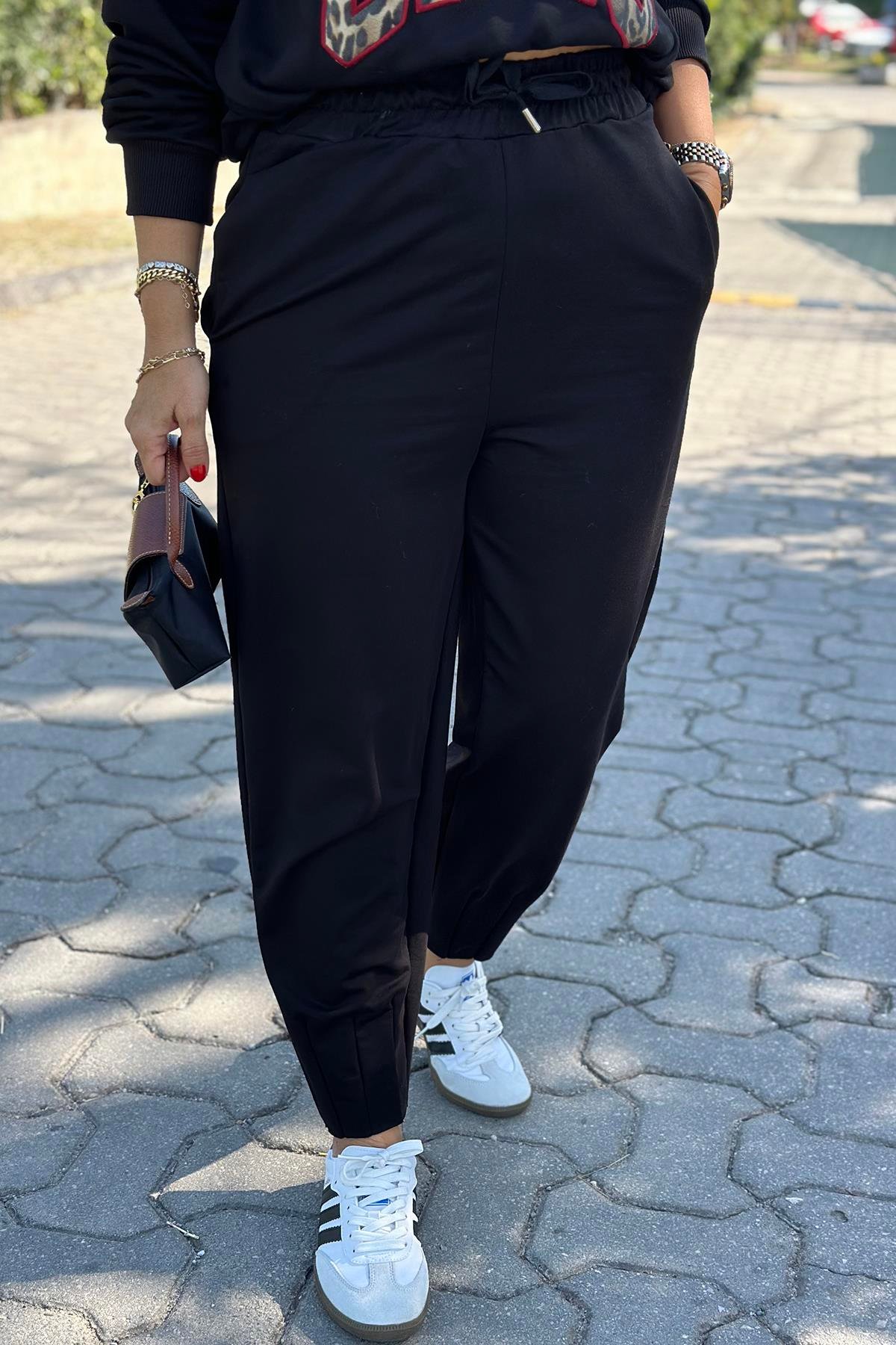 Paça Dikişi Beli Lastikli Penye Pantolon AK224058-SIYAH-S