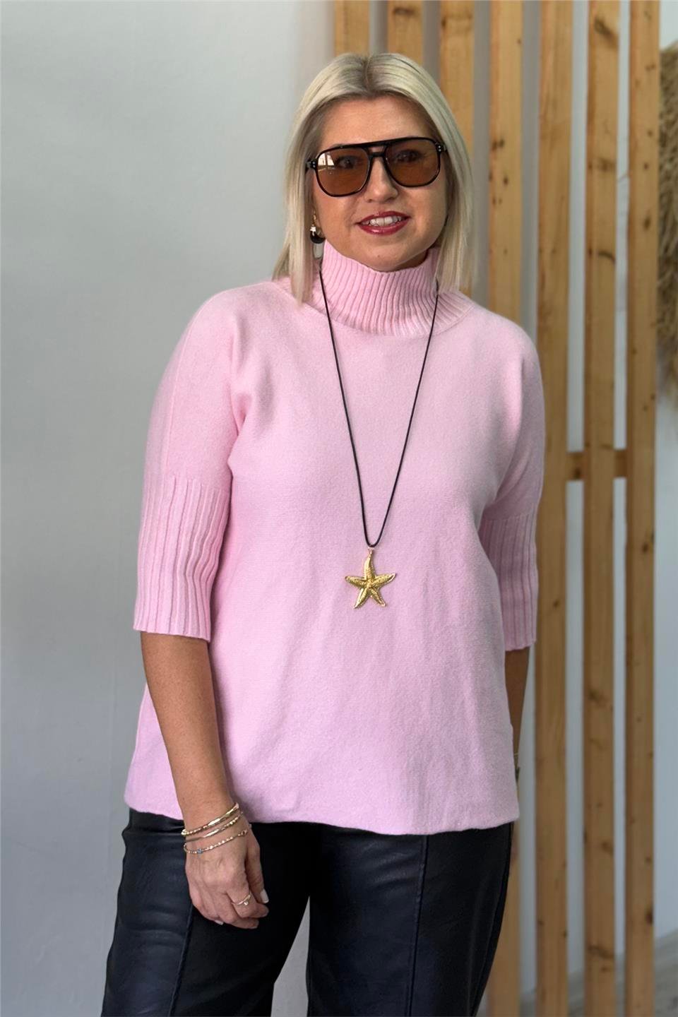 Pembe Balıkçı Yaka Kısa Kol Düz İthal TrikoUT24111043-PEMBE-STD