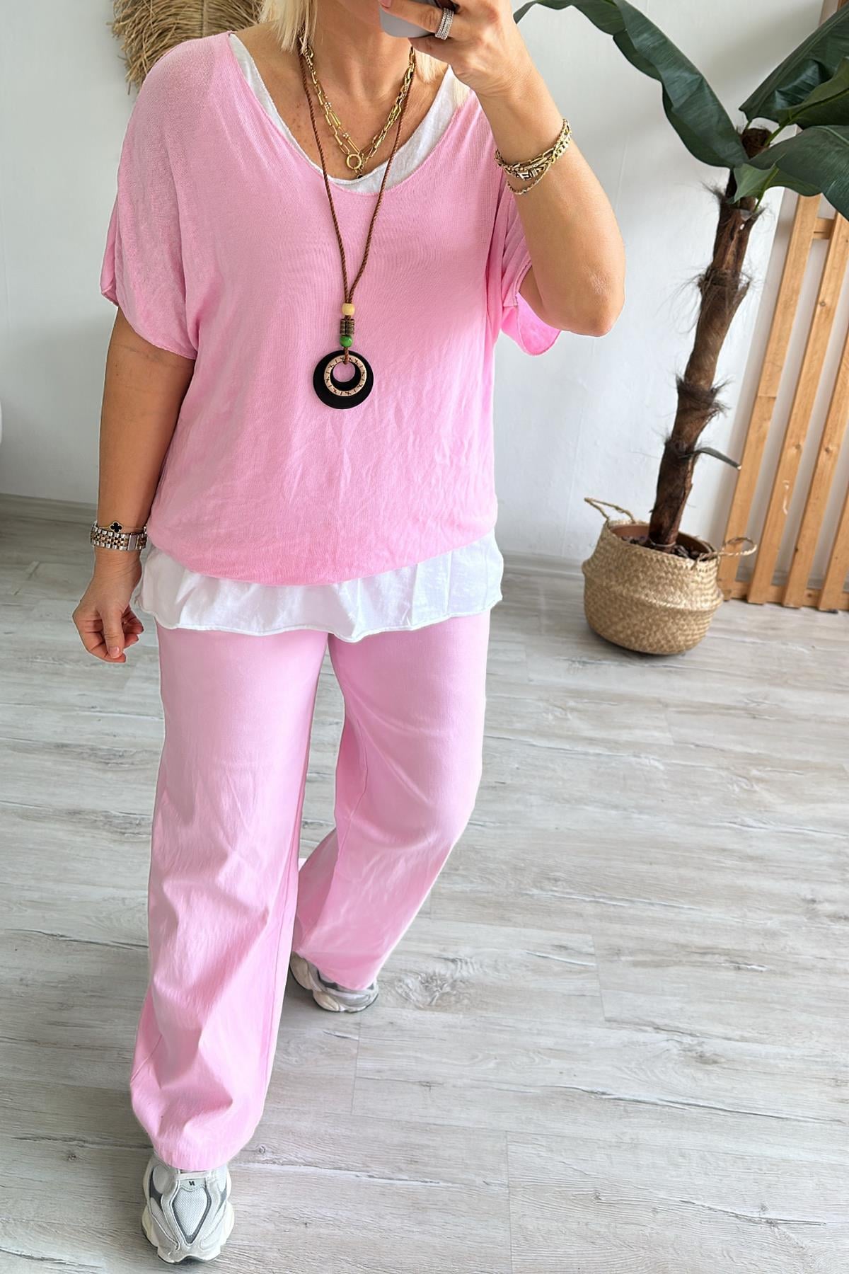 Pembe Beli Lastikli Bol Paça Full Lycralı PantolonUK224048114-PEMBE-STD