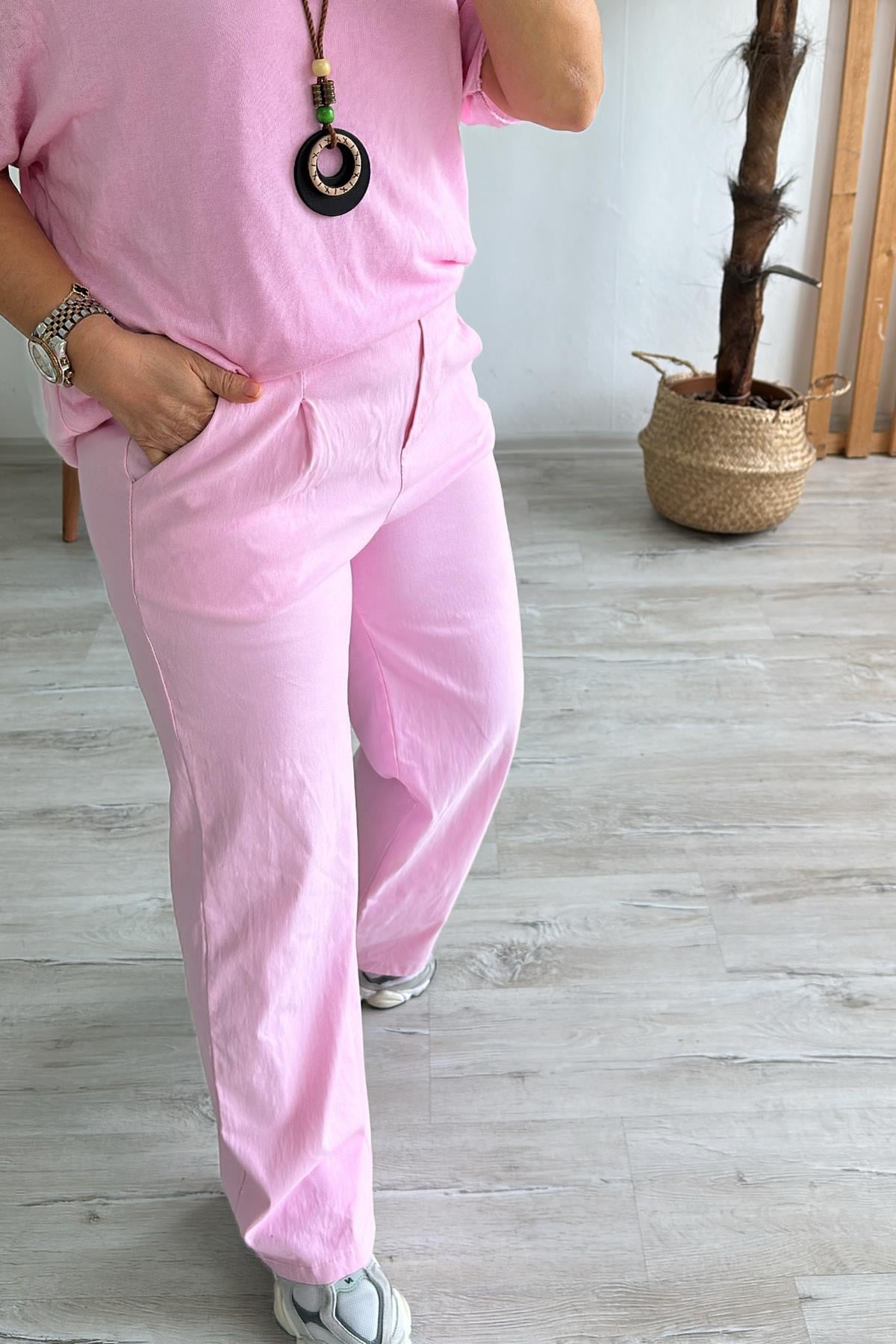 Pembe Beli Lastikli Bol Paça Full Lycralı PantolonUK224048114-PEMBE-STD