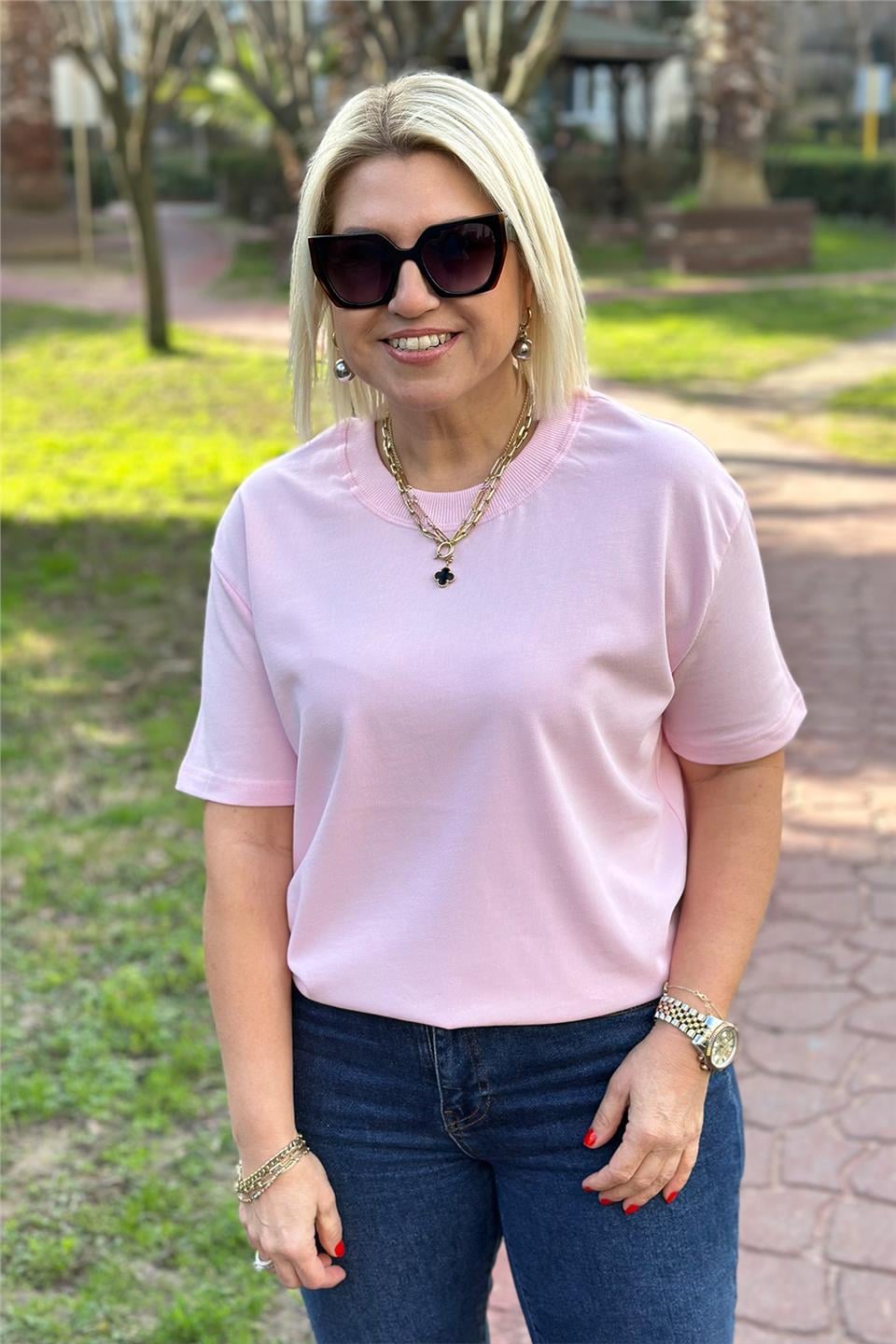Pembe Bisiklet Yaka Basic TshirtUTS241131-PEMBE-S