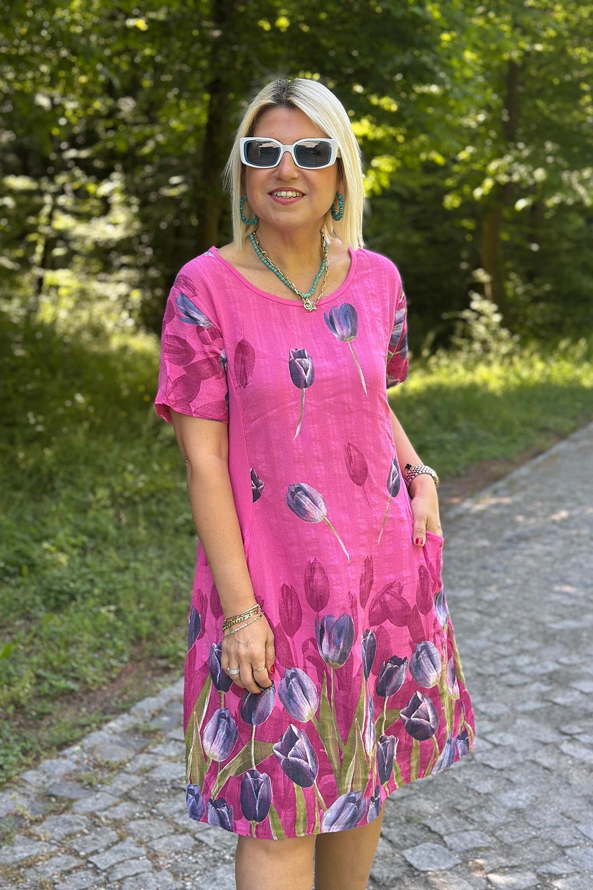 Pembe Bisiklet Yaka Cepli Lale Desen Pamuk Keten ElbiseUK22321211175-PEMBE-STD