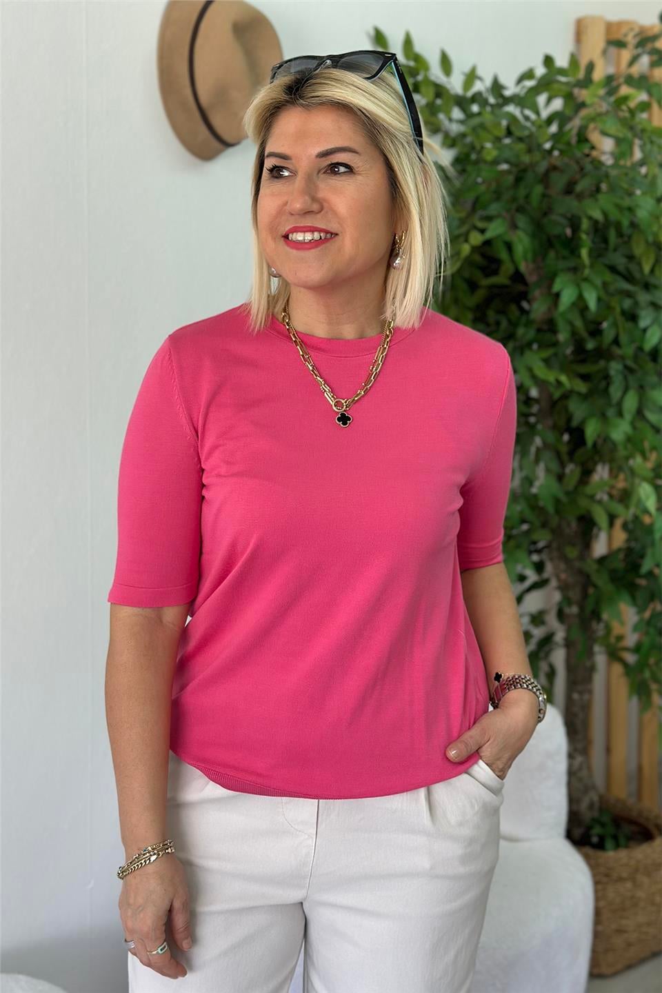 Pembe Bisiklet Yaka Kısa Kol Mevsimlik TrikoUT24110969-PEMBE-STD