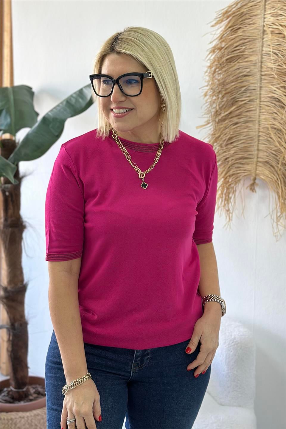 Pembe Bisiklet Yaka Kol ve Yaka Tül Biyeli TrikoUT24110972-PEMBE-S