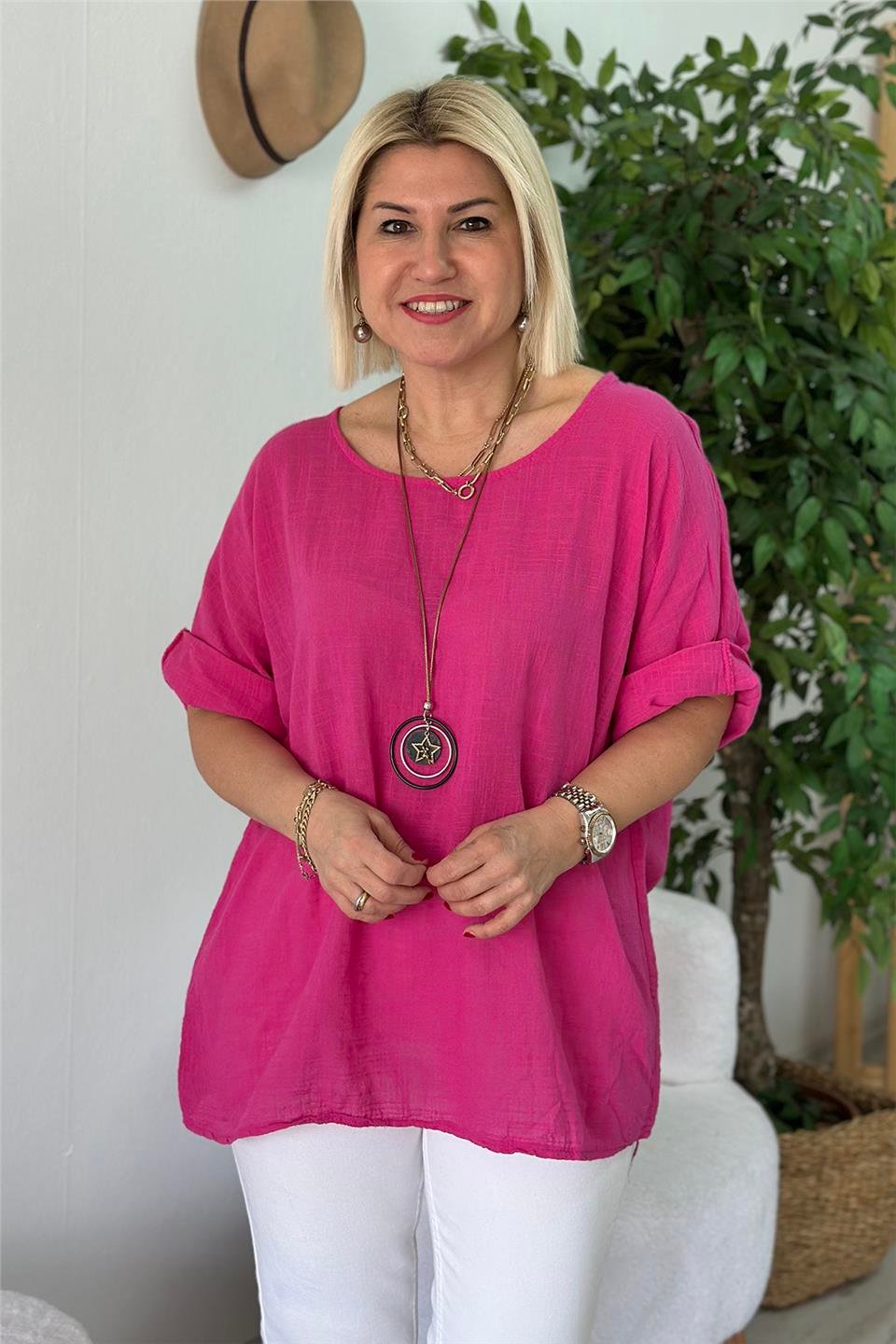 Pembe Bisiklet Yaka Kolyeli Keten BluzUBL2412236-PEMBE-STD