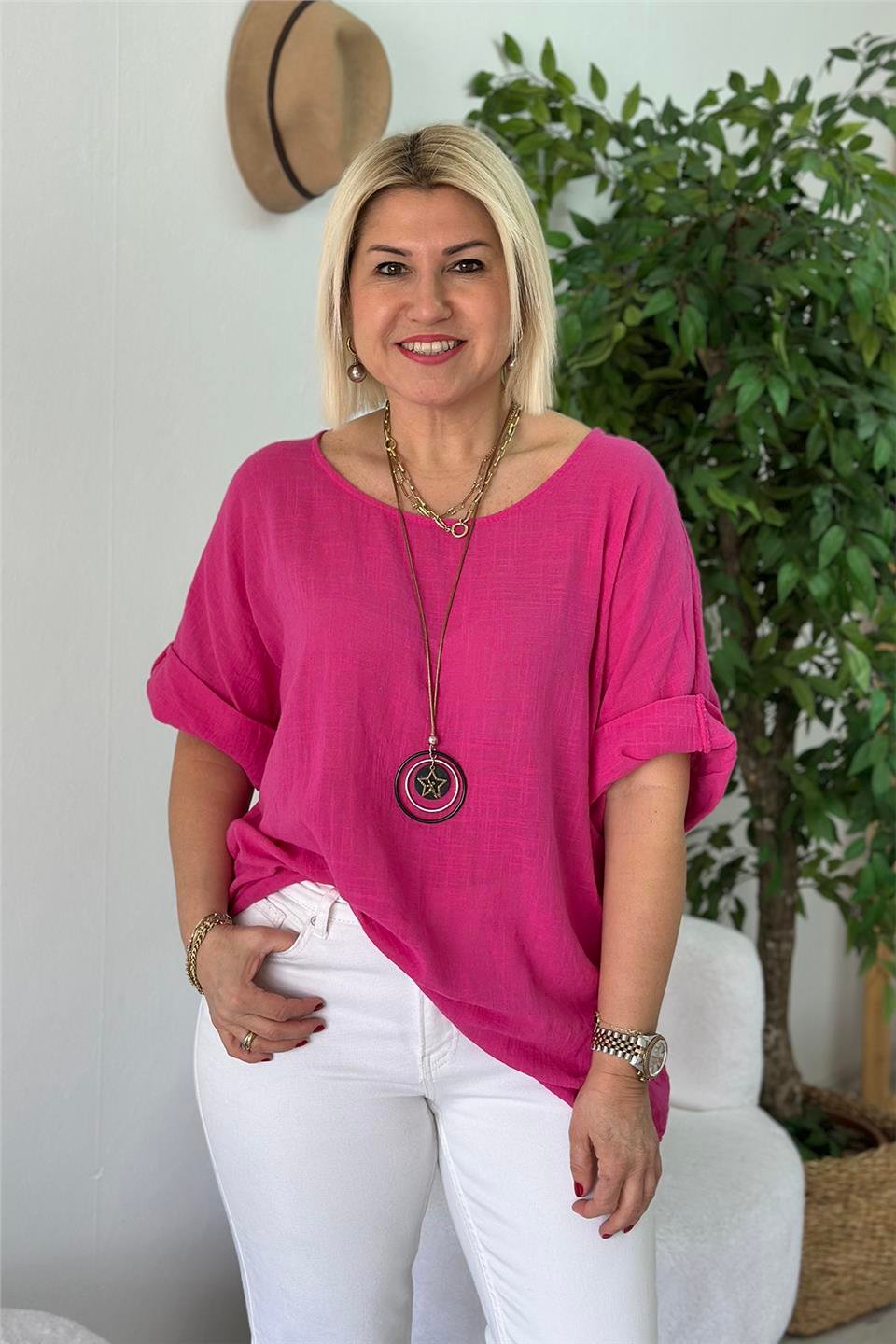 Pembe Bisiklet Yaka Kolyeli Keten BluzUBL2412236-PEMBE-STD