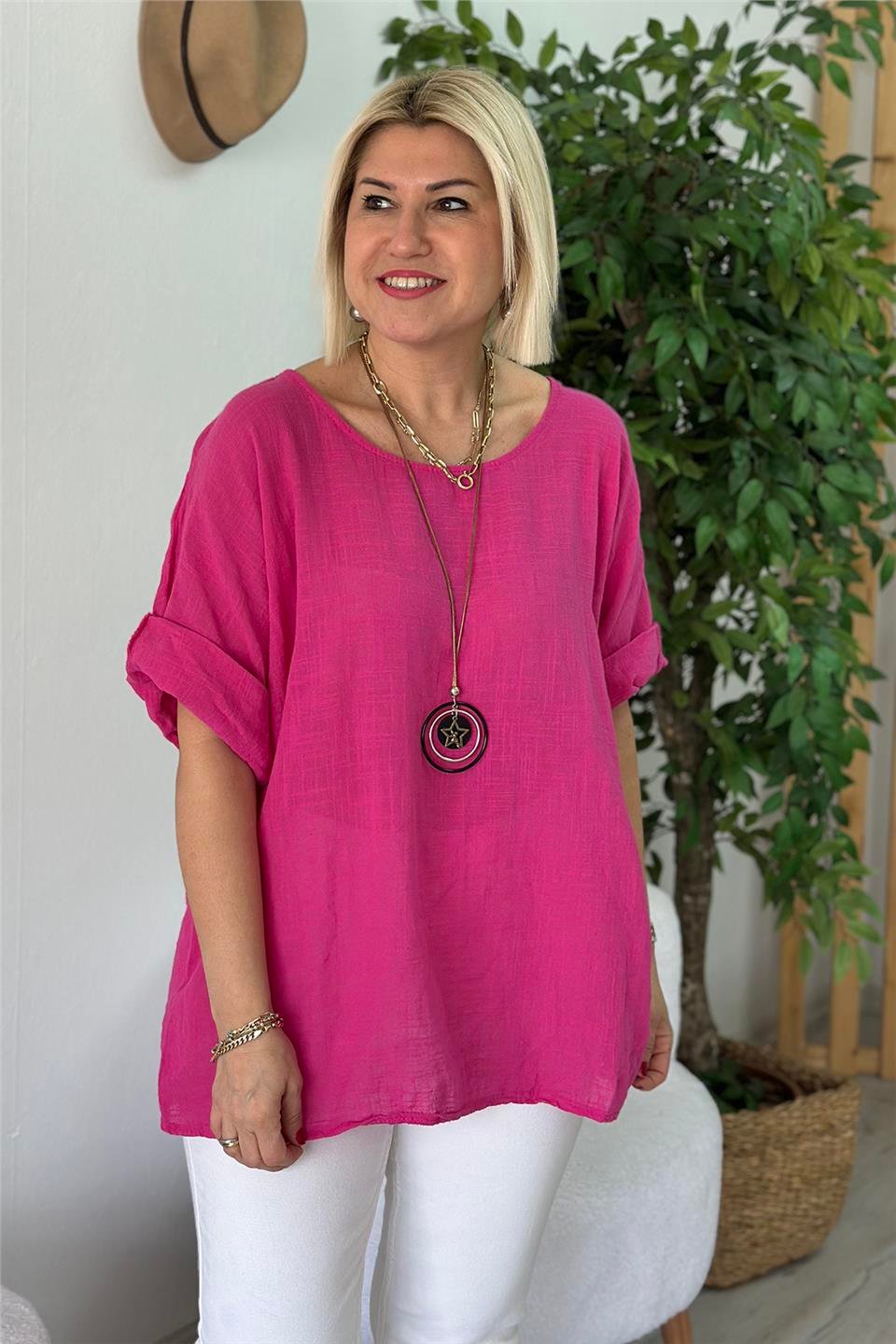 Pembe Bisiklet Yaka Kolyeli Keten BluzUBL2412236-PEMBE-STD