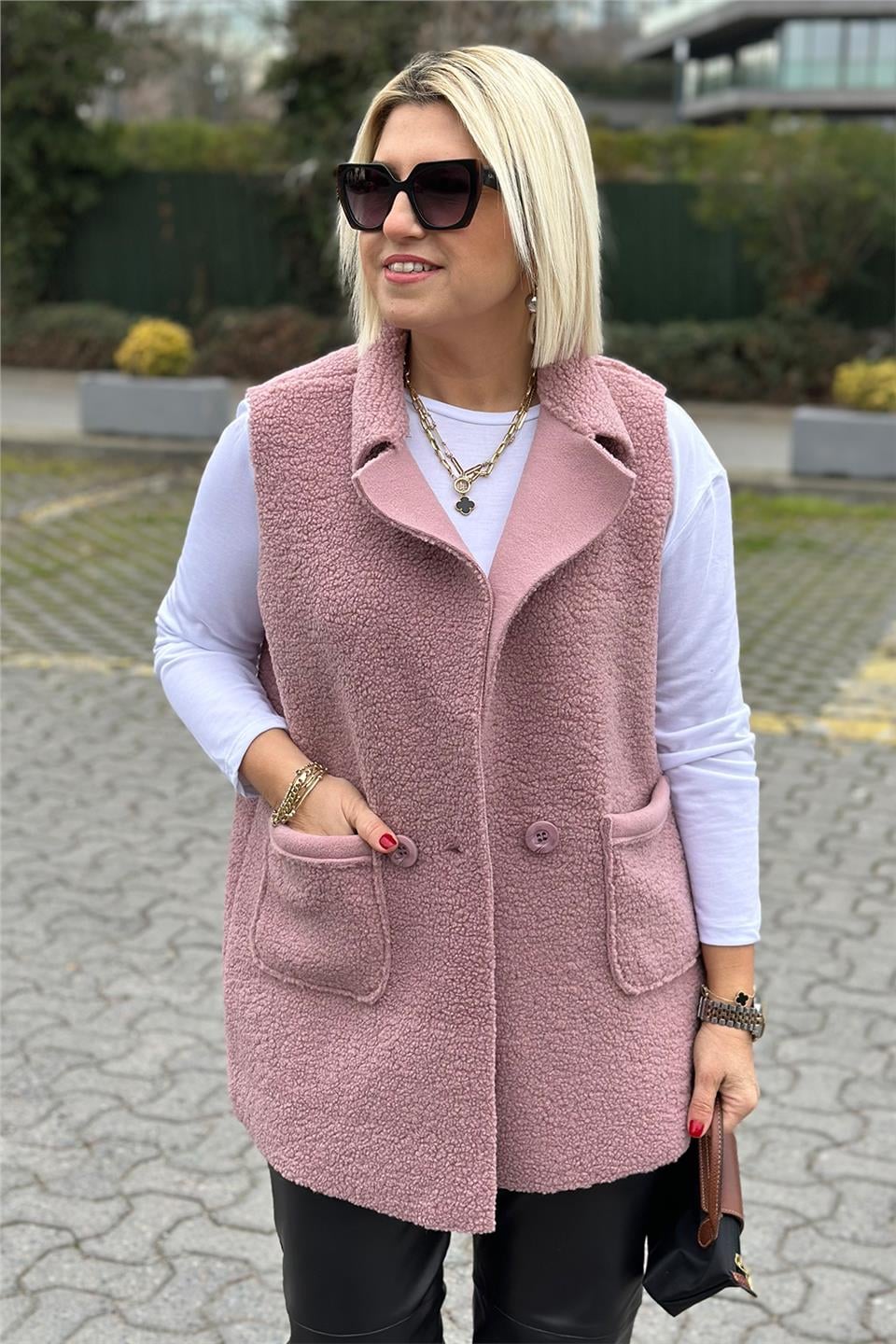 Pembe Cepli Tek Düğmeli Buklet YelekDYL25000121-PEMBE-STD