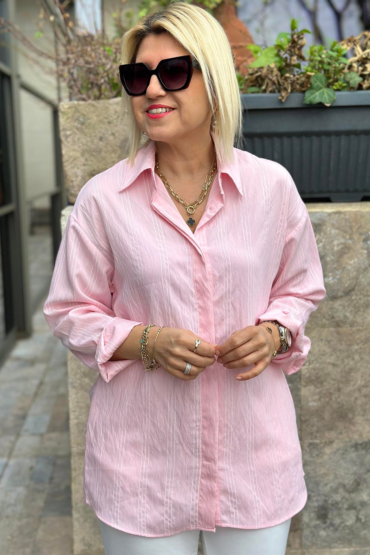 Pembe Çizgili BF GömlekUG02412115-PEMBE-S