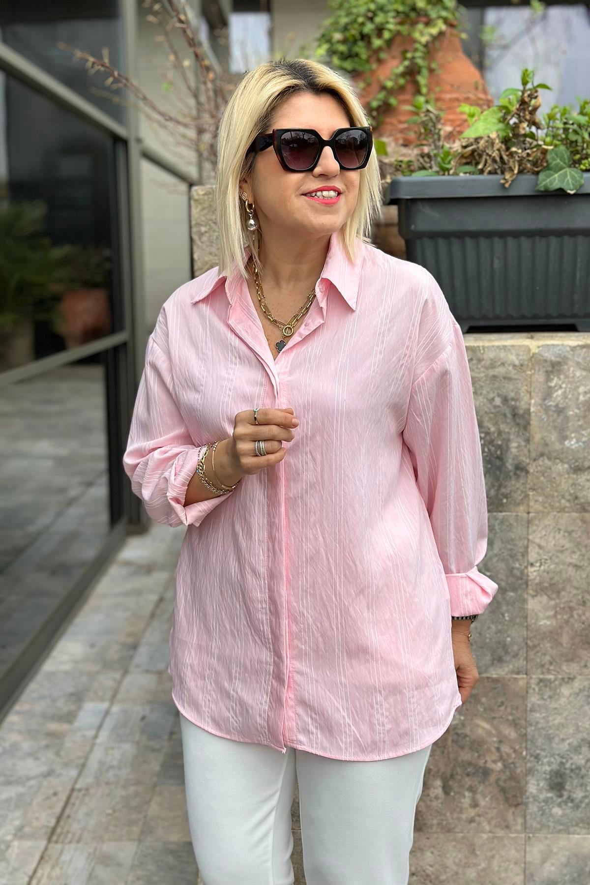 Pembe Çizgili BF GömlekUG02412115-PEMBE-S