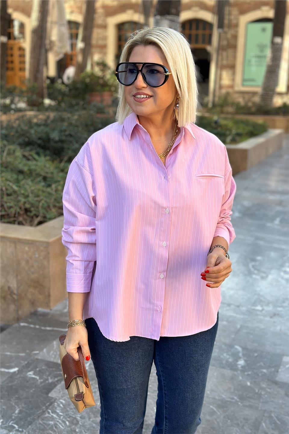 Pembe Çizgili Tek Cep Salaş GömlekUG02412105-PEMBE-S