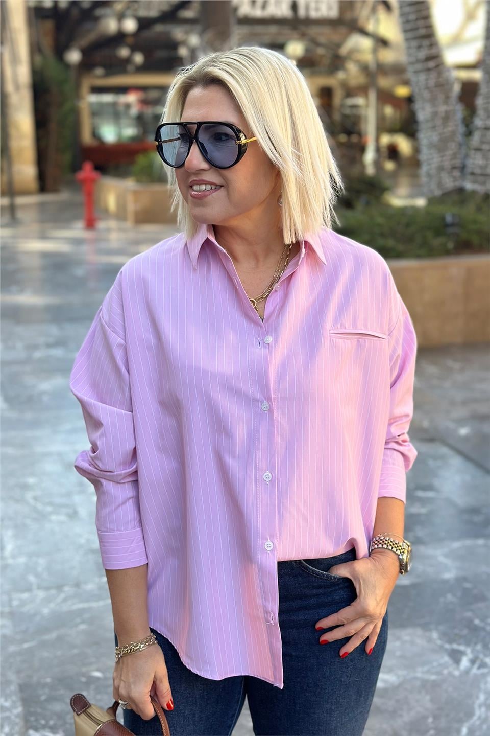 Pembe Çizgili Tek Cep Salaş GömlekUG02412105-PEMBE-S