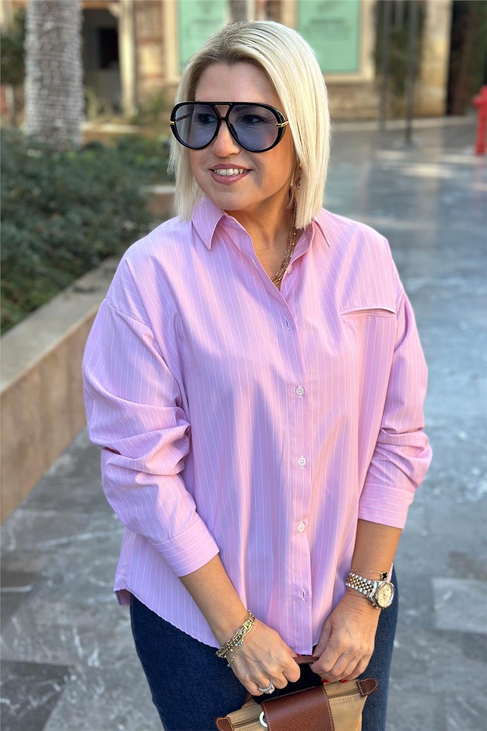Pembe Çizgili Tek Cep Salaş GömlekUG02412105-PEMBE-S