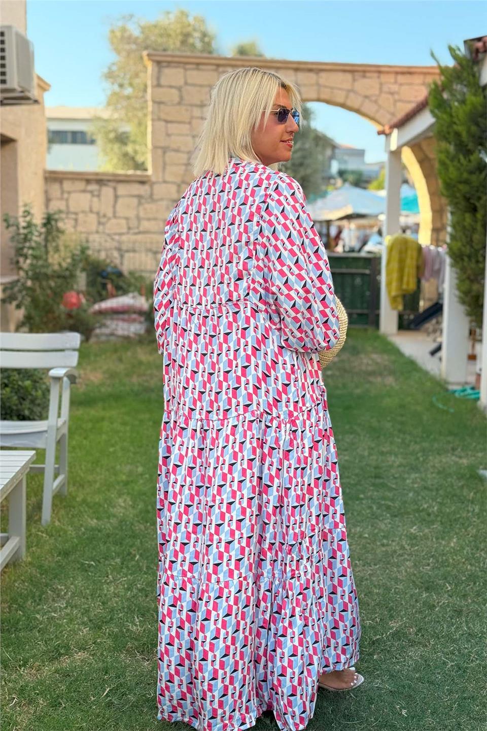 Pembe Desenli Uzun Kol Salaş Pamuk Saten ElbiseELB2401352-PEMBE-SM