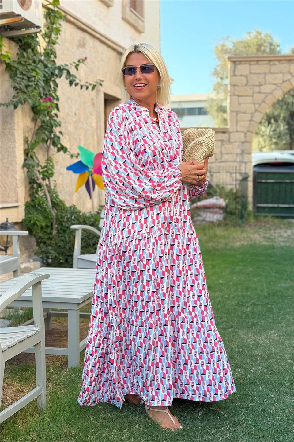 Pembe Desenli Uzun Kol Salaş Pamuk Saten ElbiseELB2401352-PEMBE-SM
