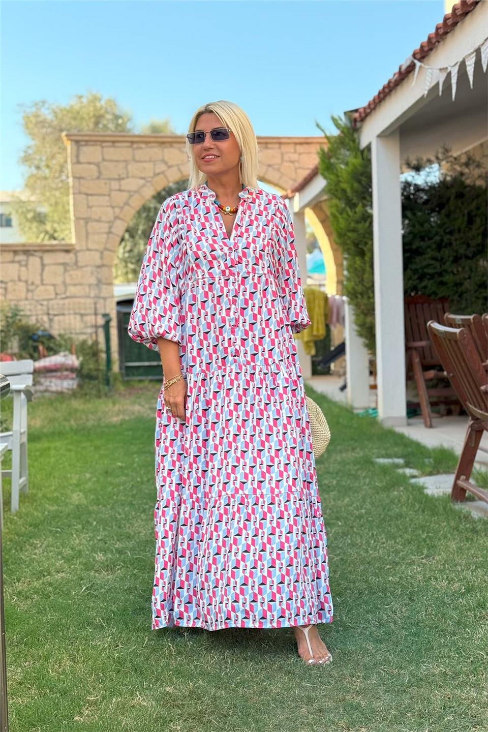 Pembe Desenli Uzun Kol Salaş Pamuk Saten ElbiseELB2401352-PEMBE-SM