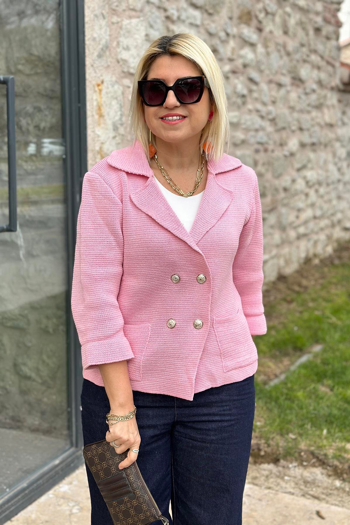 Pembe Düğmeli Cep Detay Ceket HırkaUH24110930-PEMBE-STD