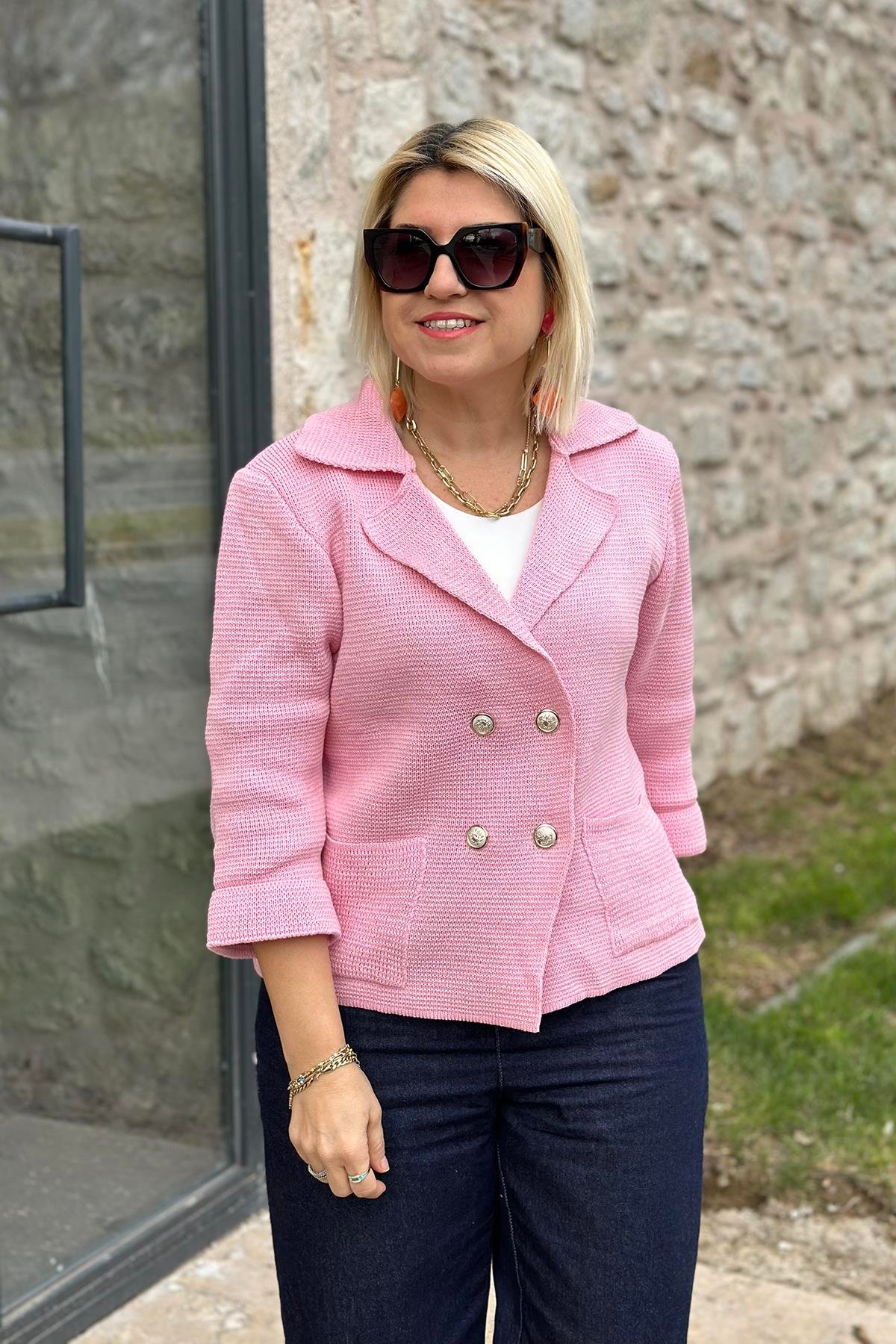 Pembe Düğmeli Cep Detay Ceket HırkaUH24110930-PEMBE-STD
