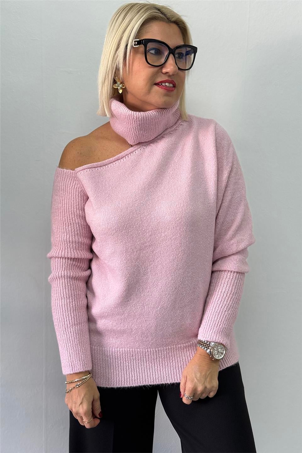 Pembe Düşük Omuzlu Balıkçı Yumoş TrikoUT24111015-PEMBE-STD
