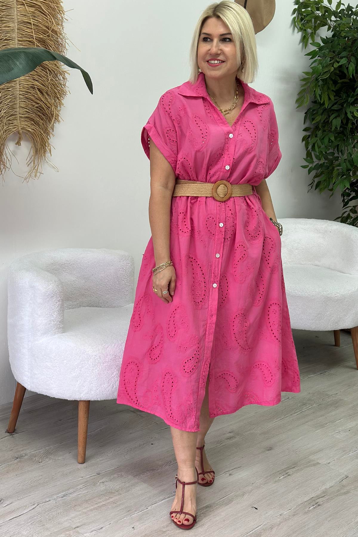 Pembe Fisto Kemerli İthal Gömlek ElbiseELB2401232-PEMBE-STD