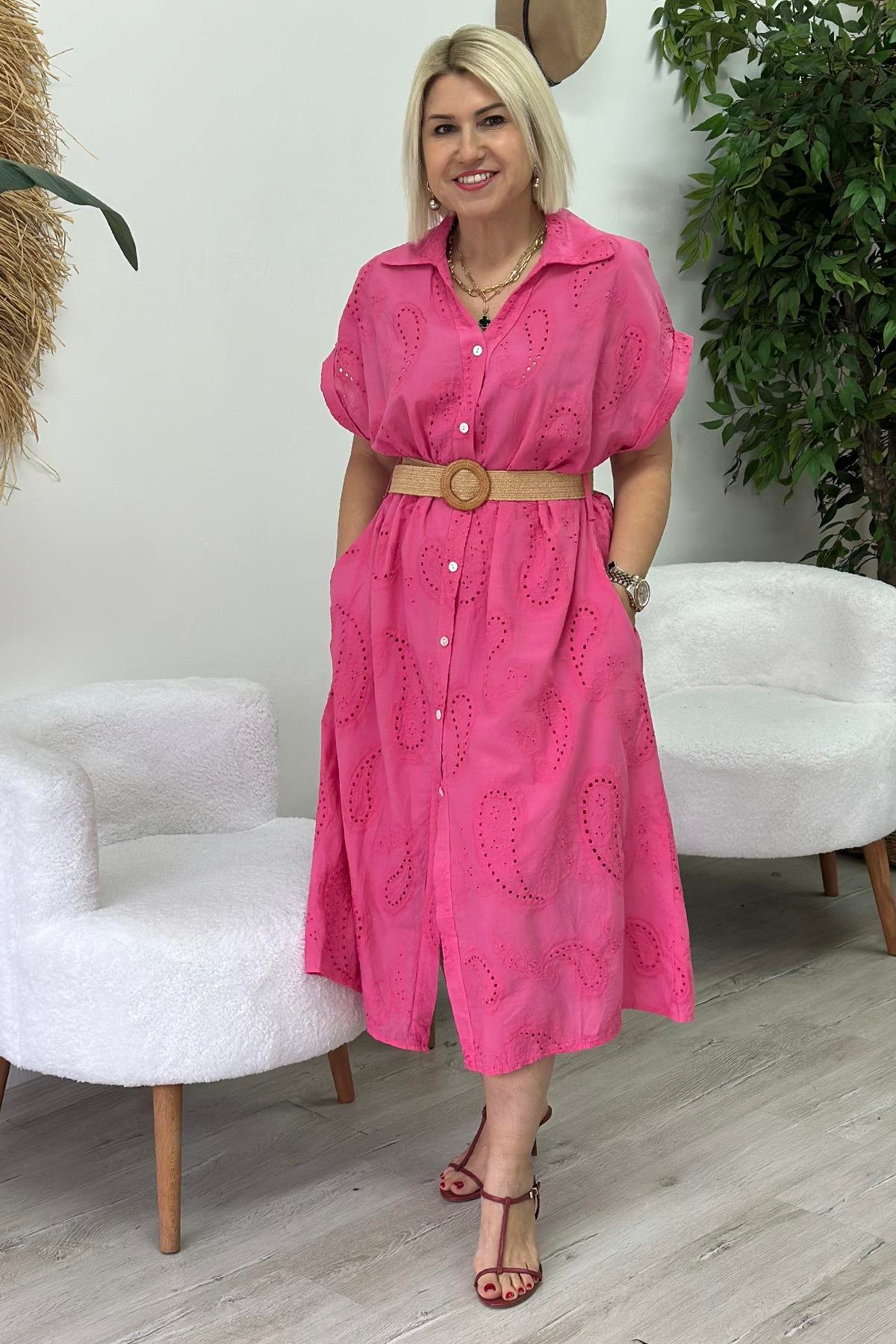 Pembe Fisto Kemerli İthal Gömlek ElbiseELB2401232-PEMBE-STD