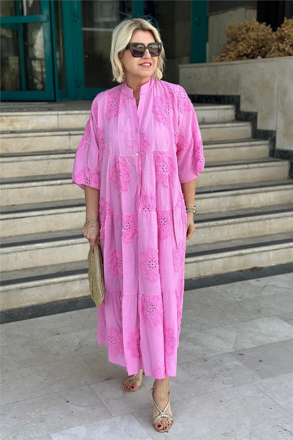 Pembe İthal Kabartma Fistolu Pamuklu ElbiseELB2401240-PEMBE-STD