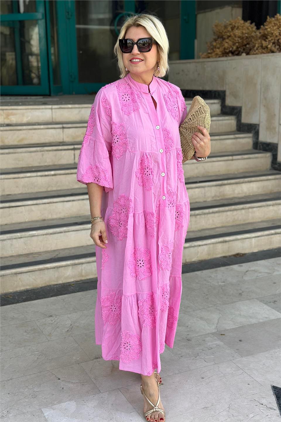 Pembe İthal Kabartma Fistolu Pamuklu ElbiseELB2401240-PEMBE-STD