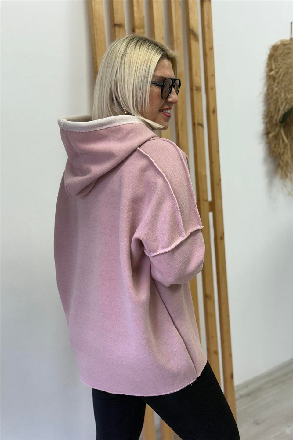 Pembe Kapüşonlu Kabartma Baskılı Örme Triko SweatUSW26001001-PEMBE-STD