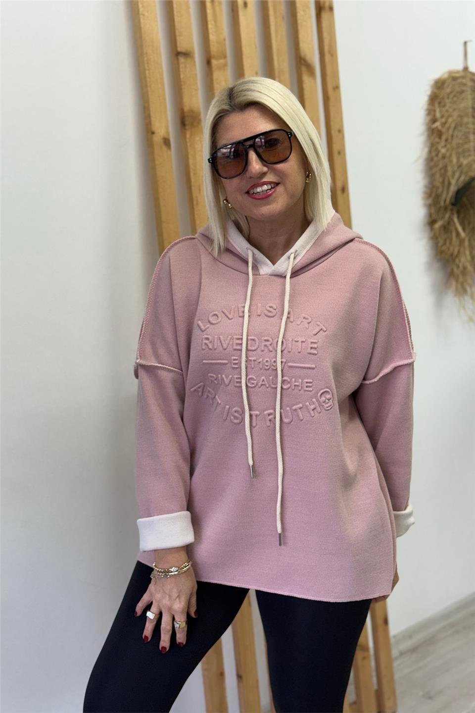 Pembe Kapüşonlu Kabartma Baskılı Örme Triko SweatUSW26001001-PEMBE-STD