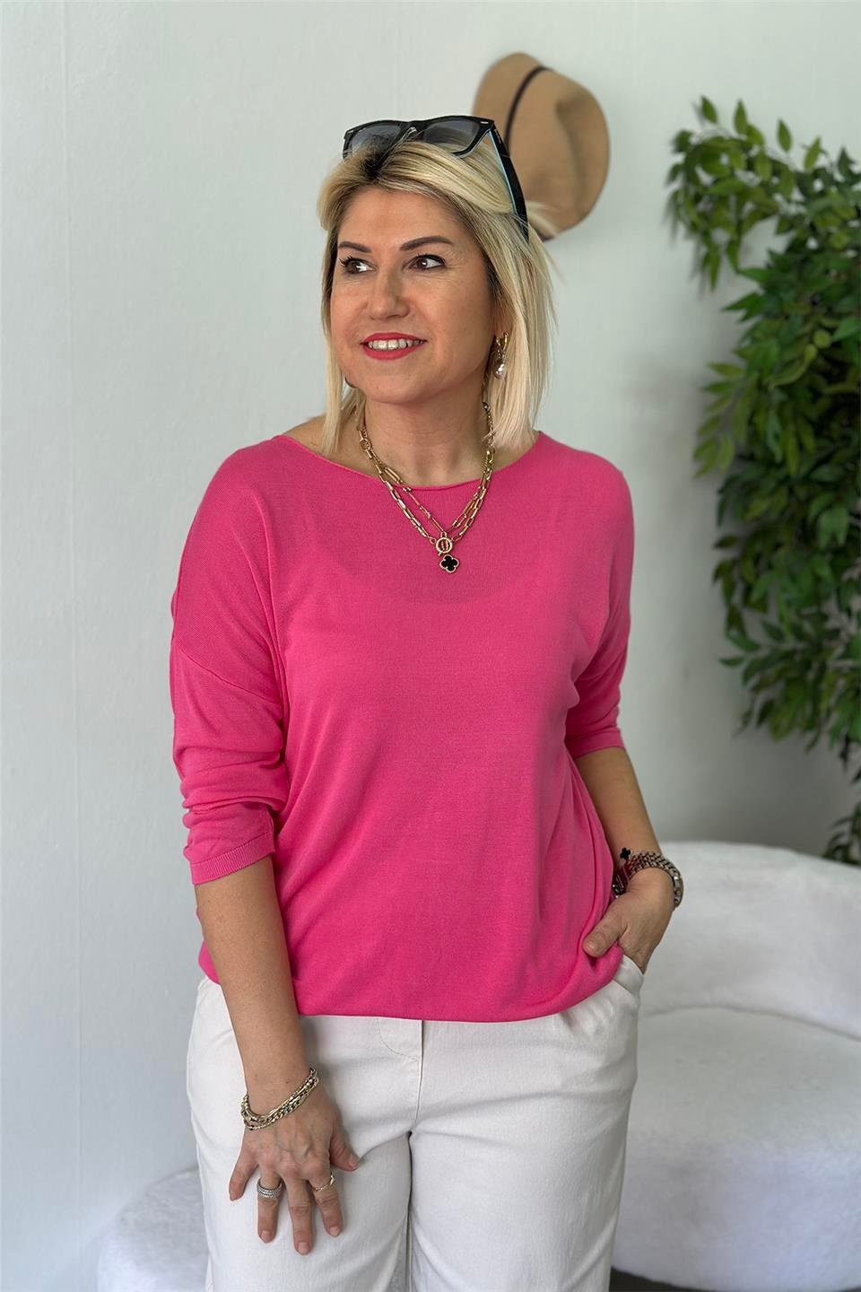 Pembe Kayık Yaka Fakir Kol İnce TrikoUT24110946-PEMBE-STD