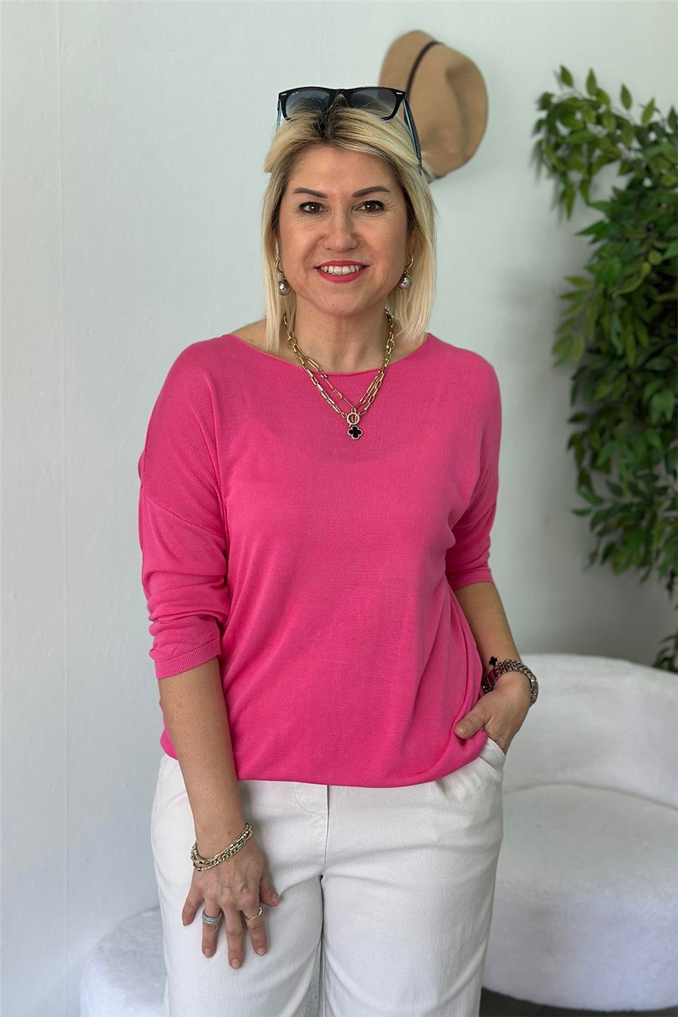 Pembe Kayık Yaka Fakir Kol İnce TrikoUT24110946-PEMBE-STD