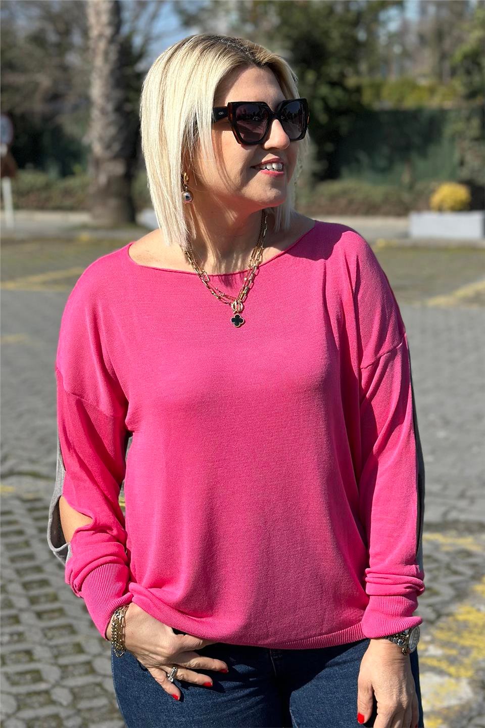 Pembe Kayık Yaka Kolları  Detaylı İnce TrikoUT24110974-PEMBE-STD
