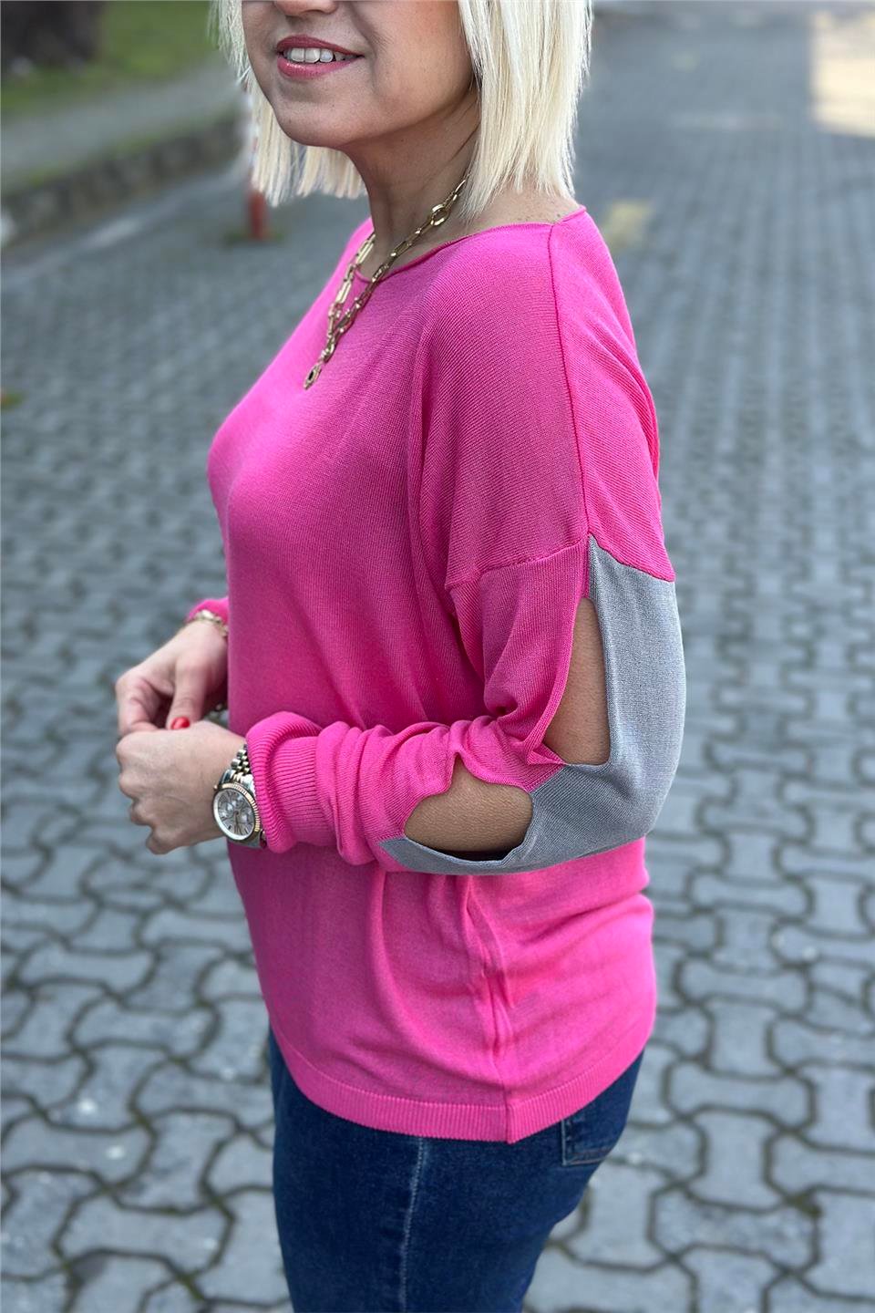 Pembe Kayık Yaka Kolları  Detaylı İnce TrikoUT24110974-PEMBE-STD