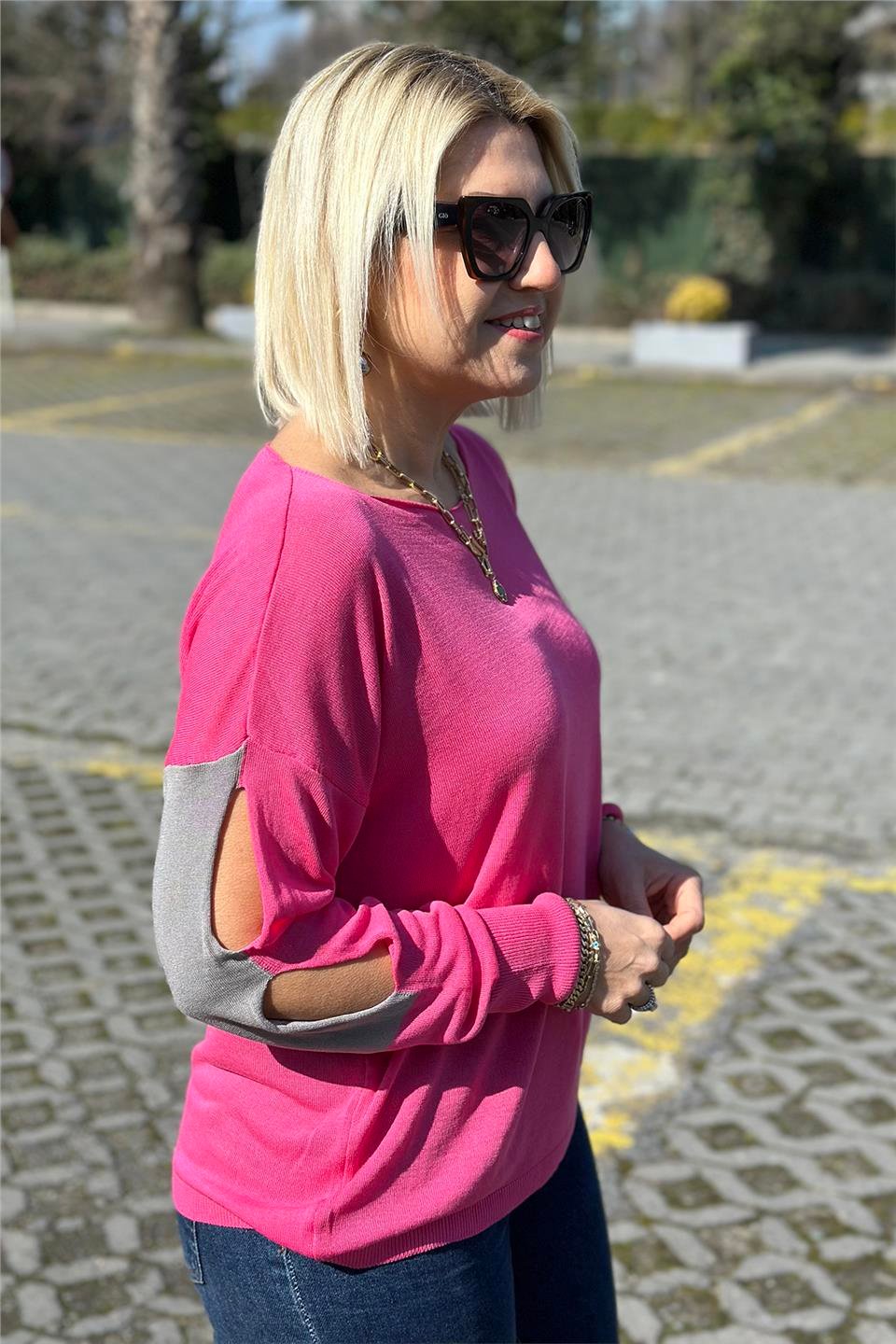 Pembe Kayık Yaka Kolları  Detaylı İnce TrikoUT24110974-PEMBE-STD