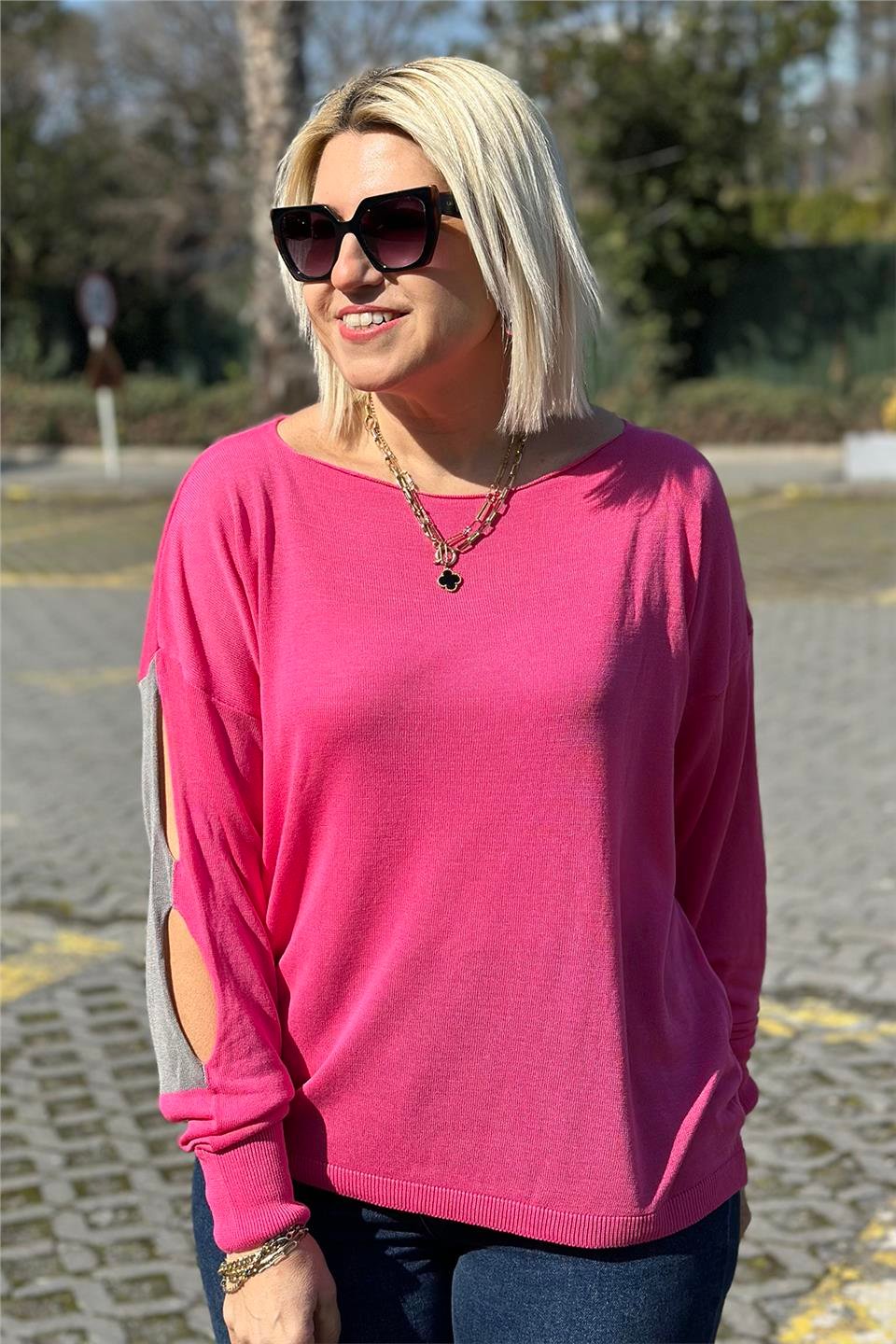 Pembe Kayık Yaka Kolları  Detaylı İnce TrikoUT24110974-PEMBE-STD