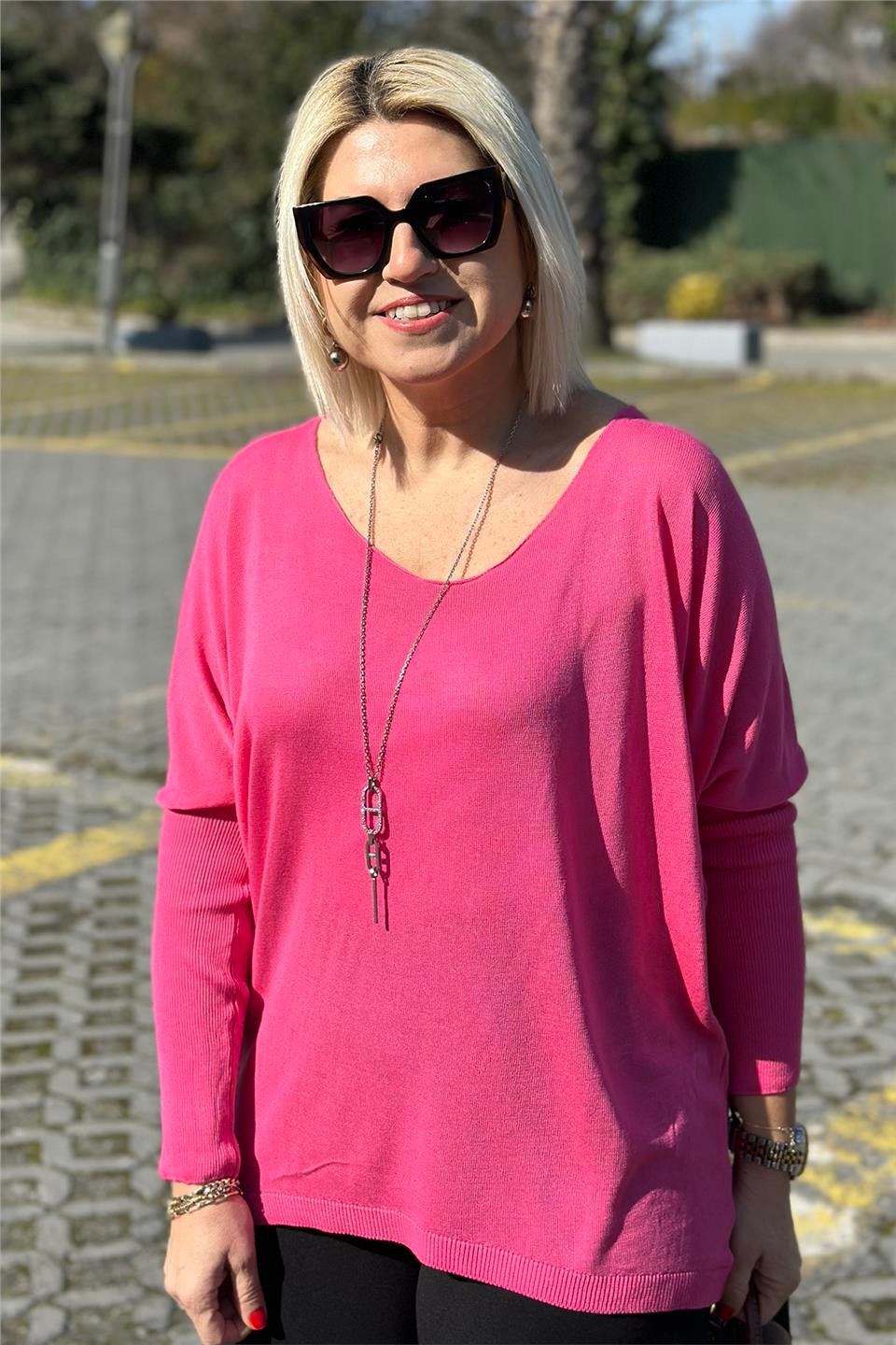 Pembe Kayık Yaka Yarasa Kol İnce TrikoUT24110975-PEMBE-STD