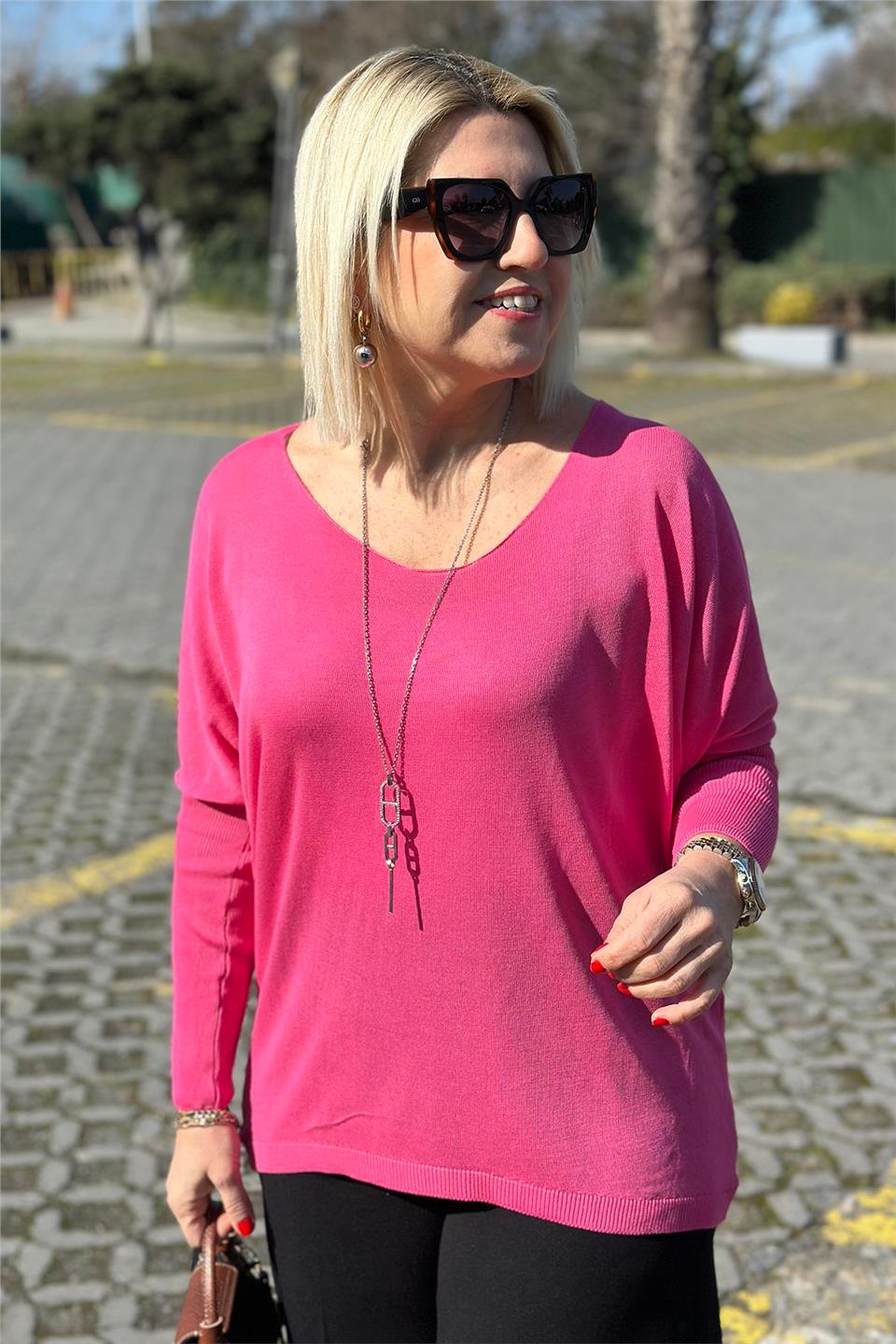 Pembe Kayık Yaka Yarasa Kol İnce TrikoUT24110975-PEMBE-STD