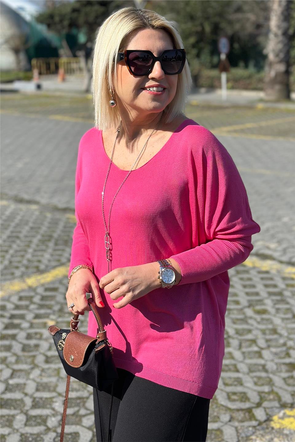 Pembe Kayık Yaka Yarasa Kol İnce TrikoUT24110975-PEMBE-STD
