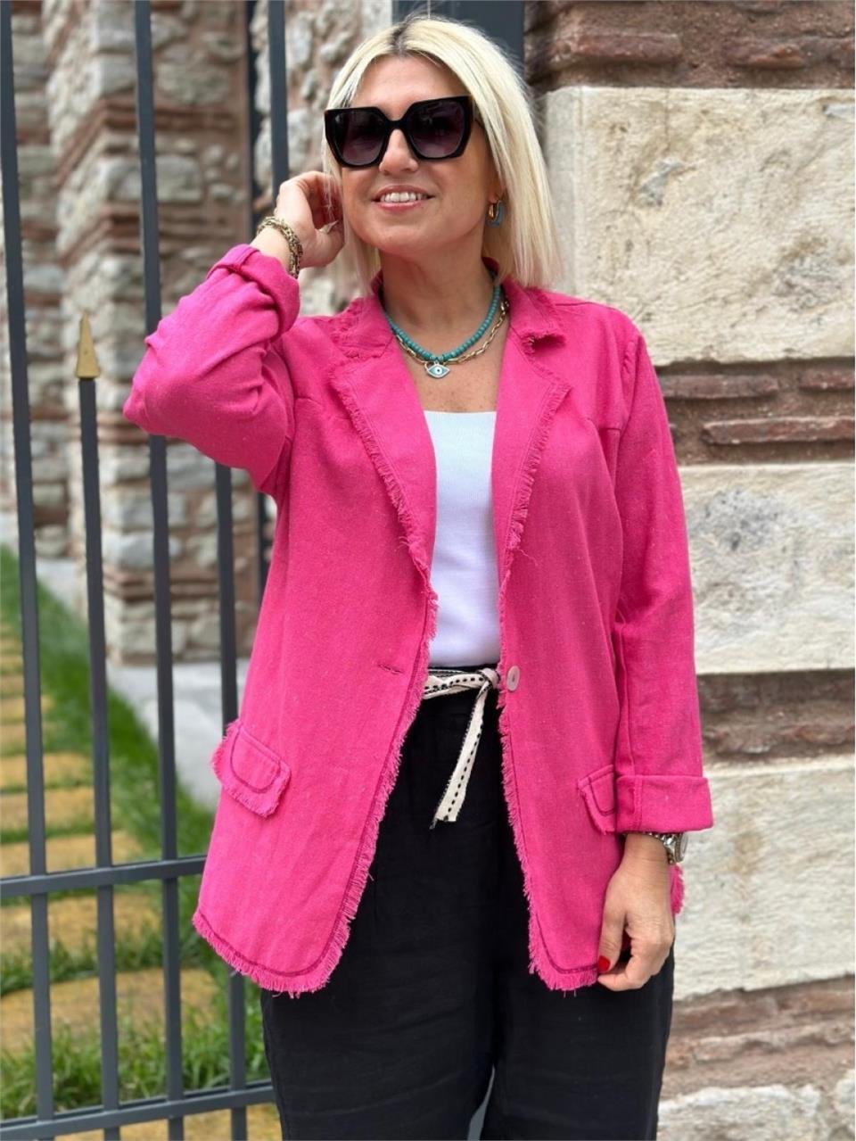 Pembe Keten Pis Dikişli Ceket DK2230116-Pembe