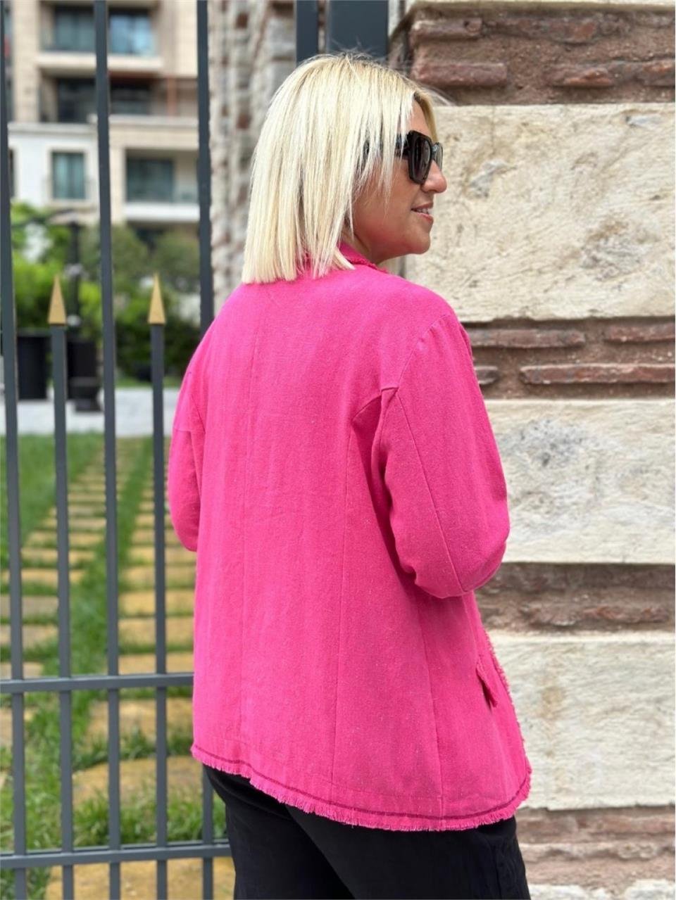 Pembe Keten Pis Dikişli Ceket DK2230116-Pembe