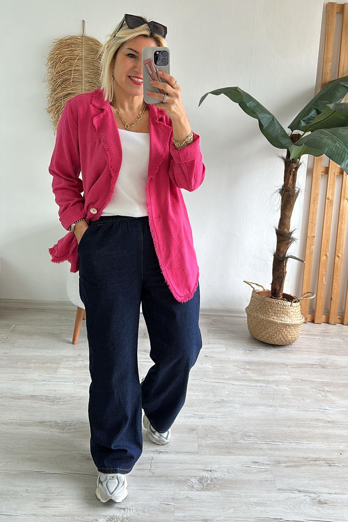 Pembe Keten Pis Dikişli Cepsiz CeketECKT2500127-PEMBE-STD