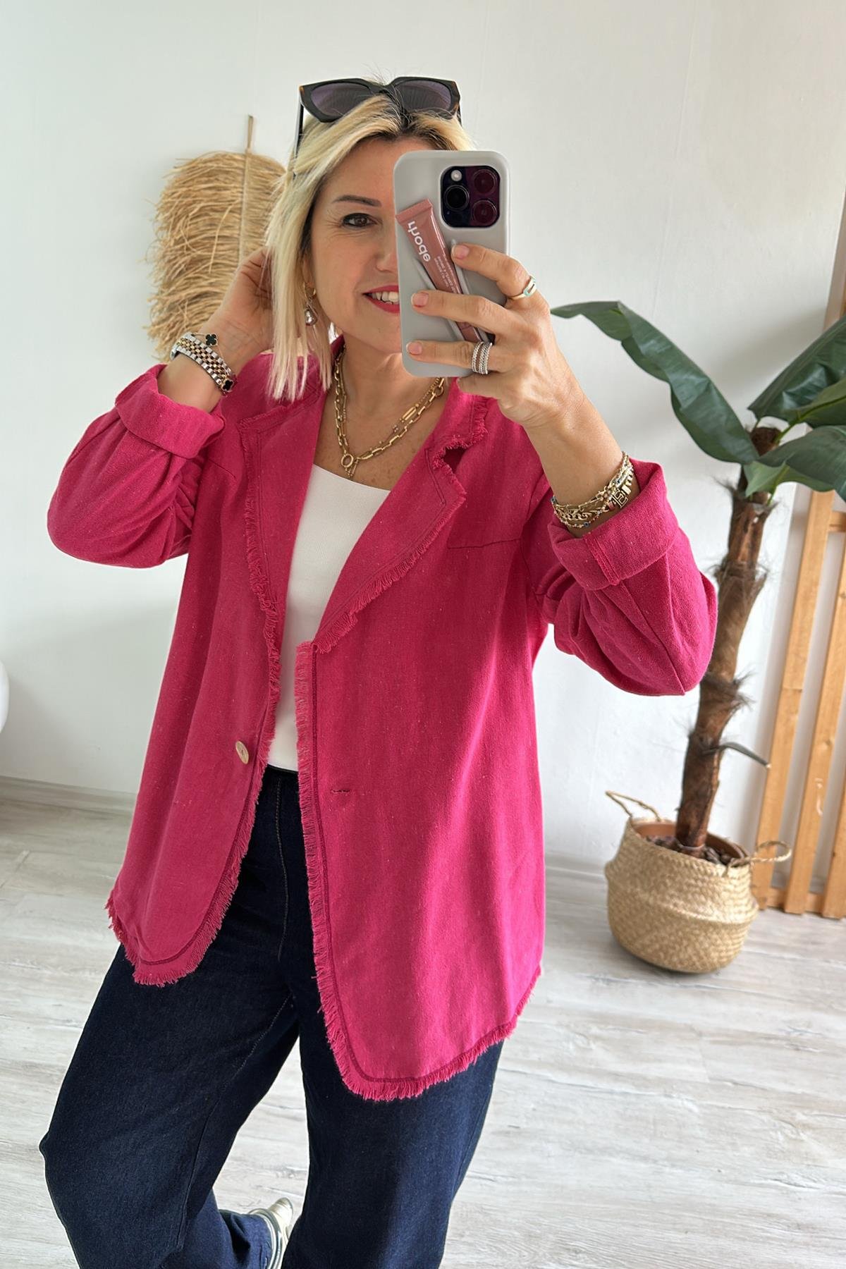Pembe Keten Pis Dikişli Cepsiz CeketECKT2500127-PEMBE-STD